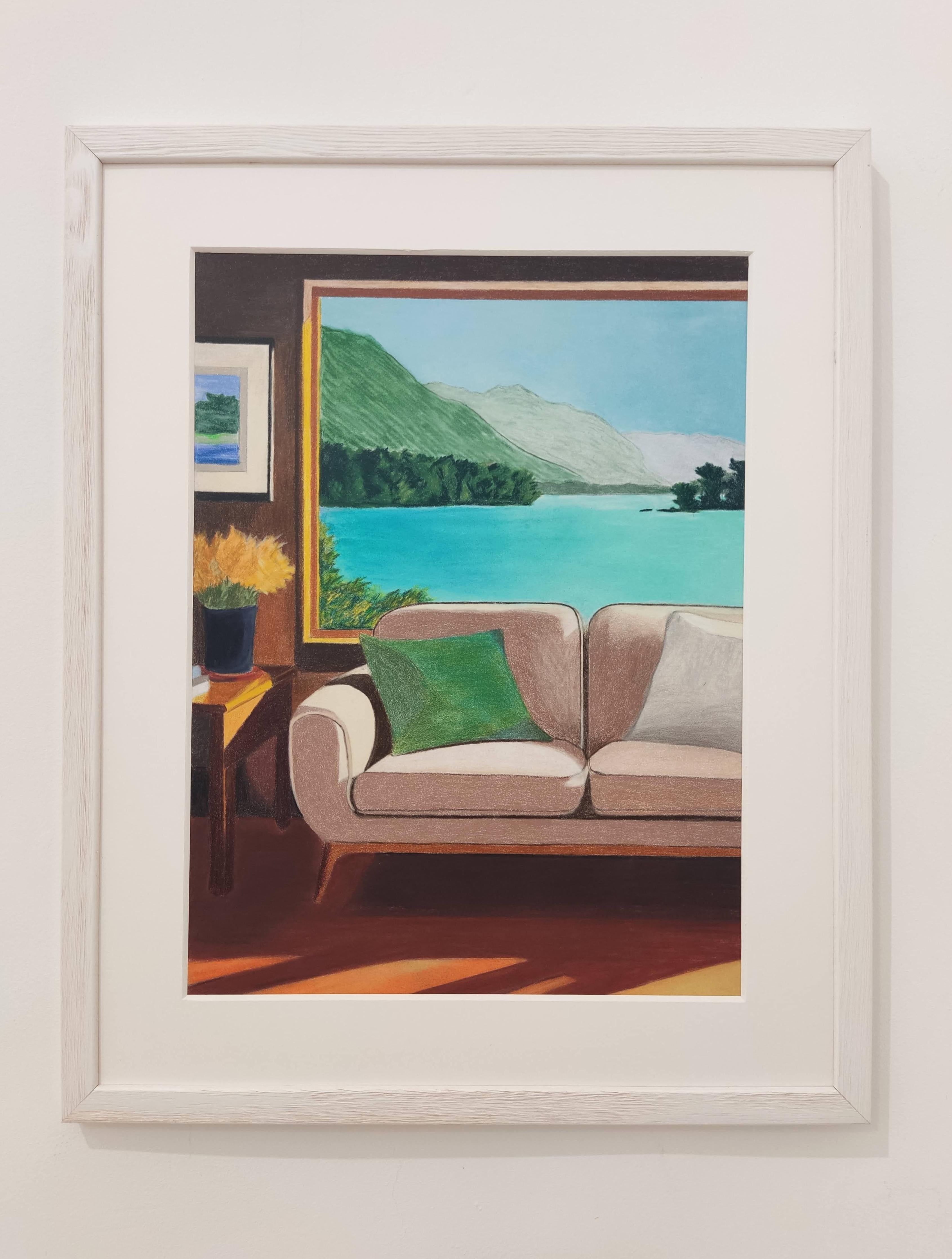 Window over the Lake, Contemporary Landscape Drawing, Modern Interior For Sale 6