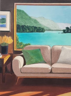 Fenêtre sur lac V6. Pastel original. Intérieur Vintage coloré, Art Contemporary