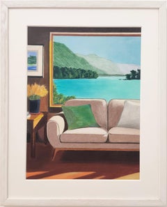 Fenêtre sur lac V6. Original Pastell. Buntes Vintage-Interieur, Contemporary Art