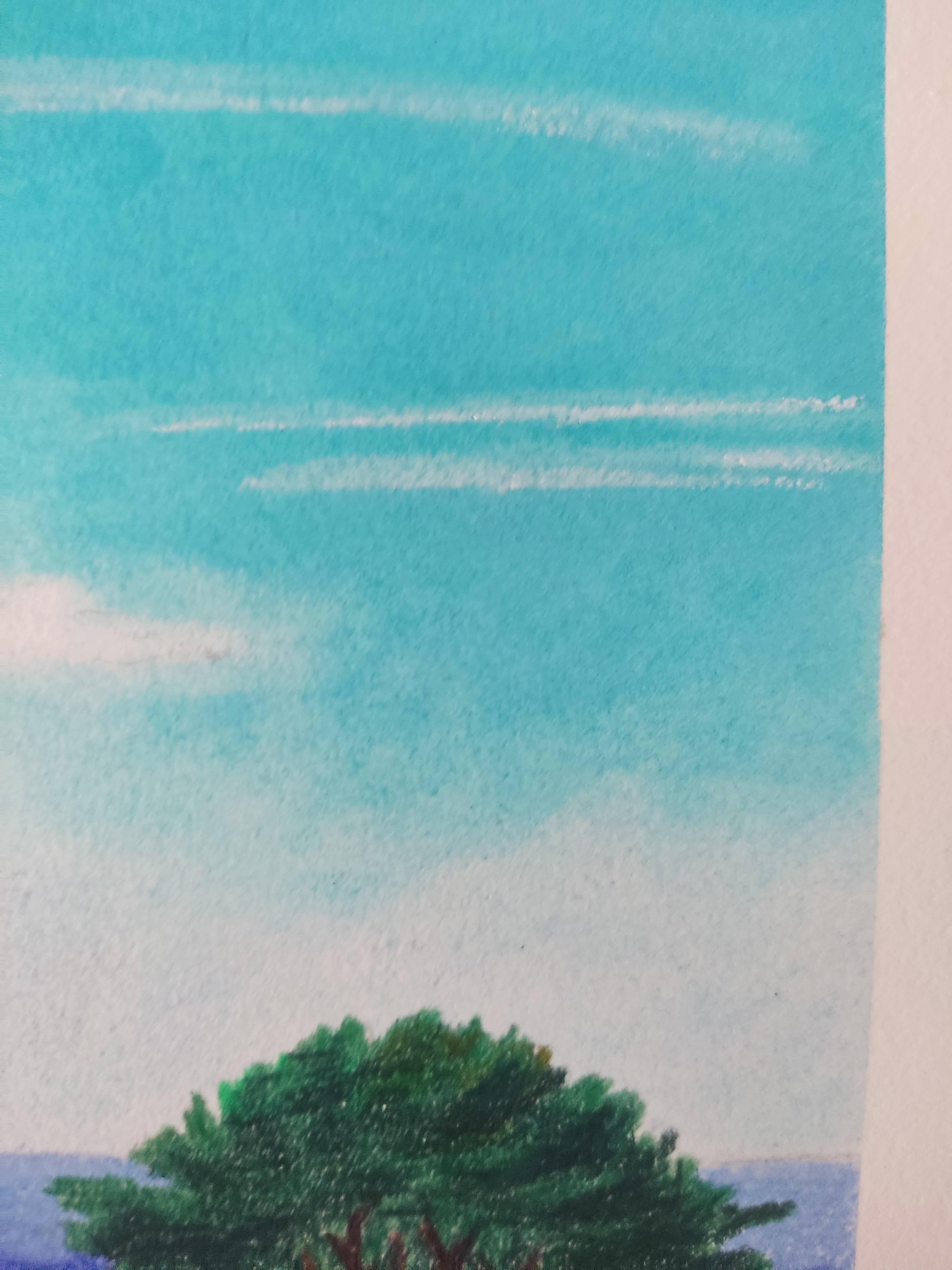 Paysage Minimal, Original Pastel Drawing, Seascape, Sea Landscape, Trees - Art by Gabriel Riesnert