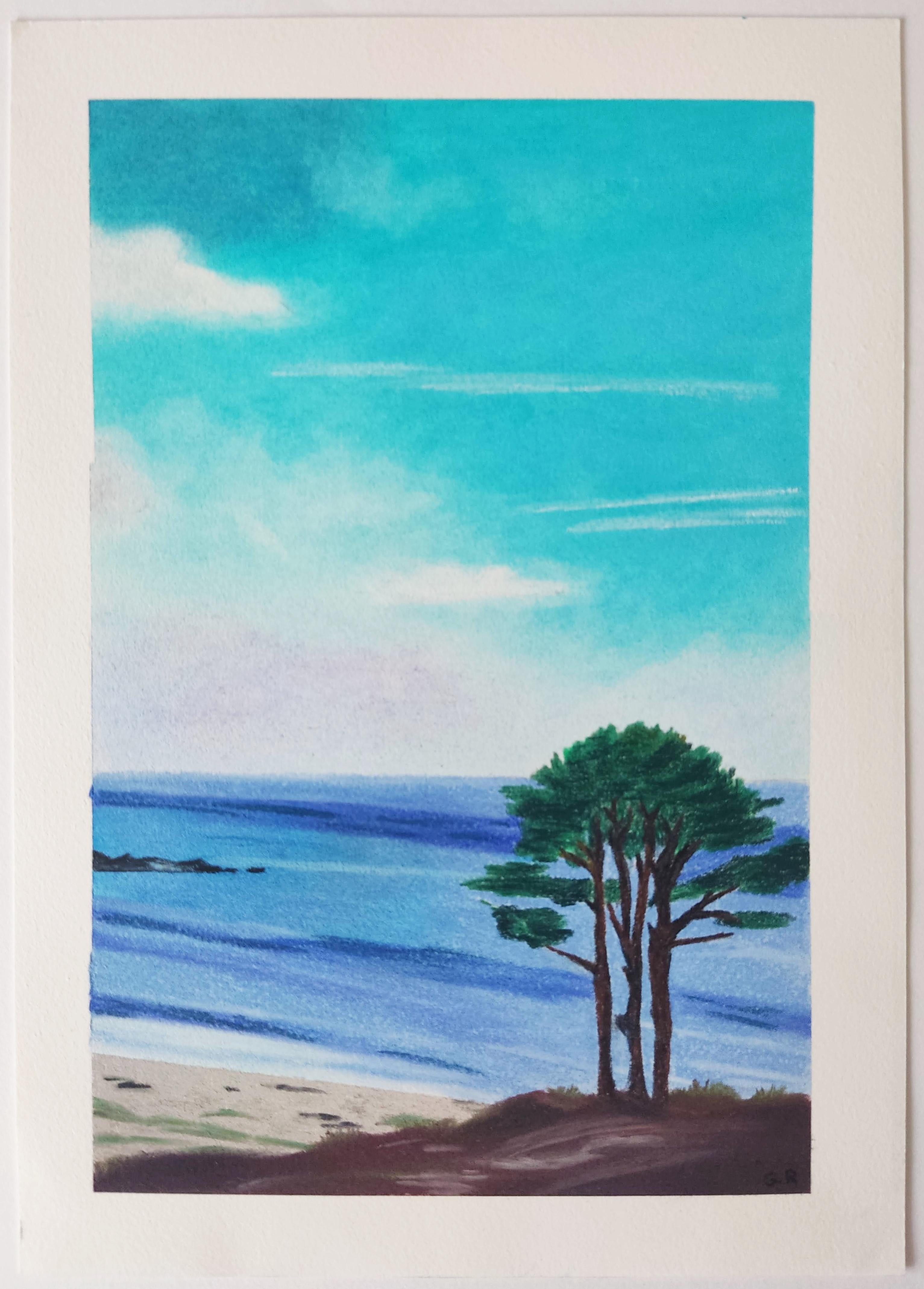 Paysage Minimal, Original Pastel Drawing, Seascape, Sea Landscape, Trees - Blue Landscape Art by Gabriel Riesnert