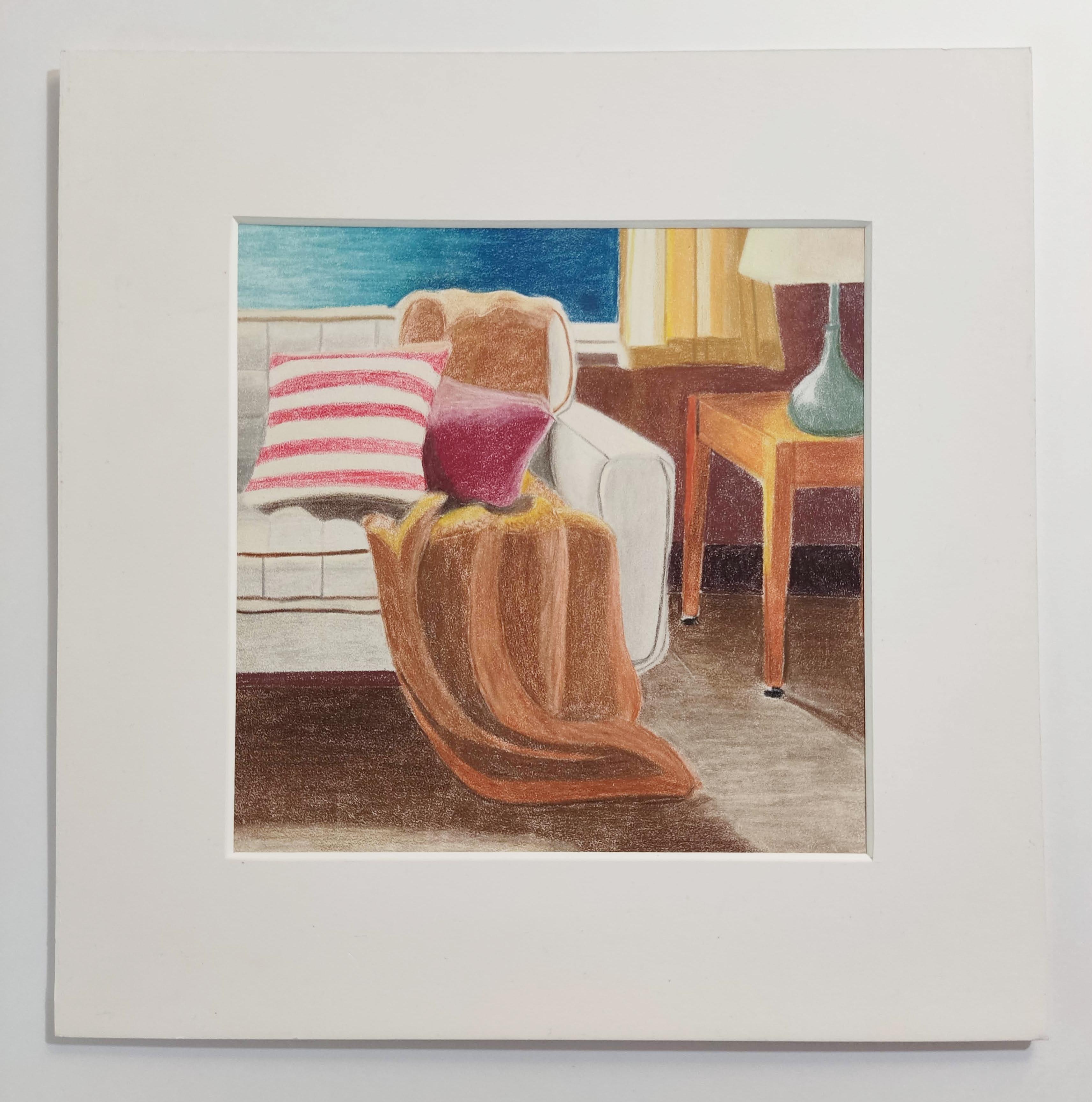 Fenêtre sur lac. Buntes Vintage-Interieur, See, Sessel – Art von Gabriel Riesnert