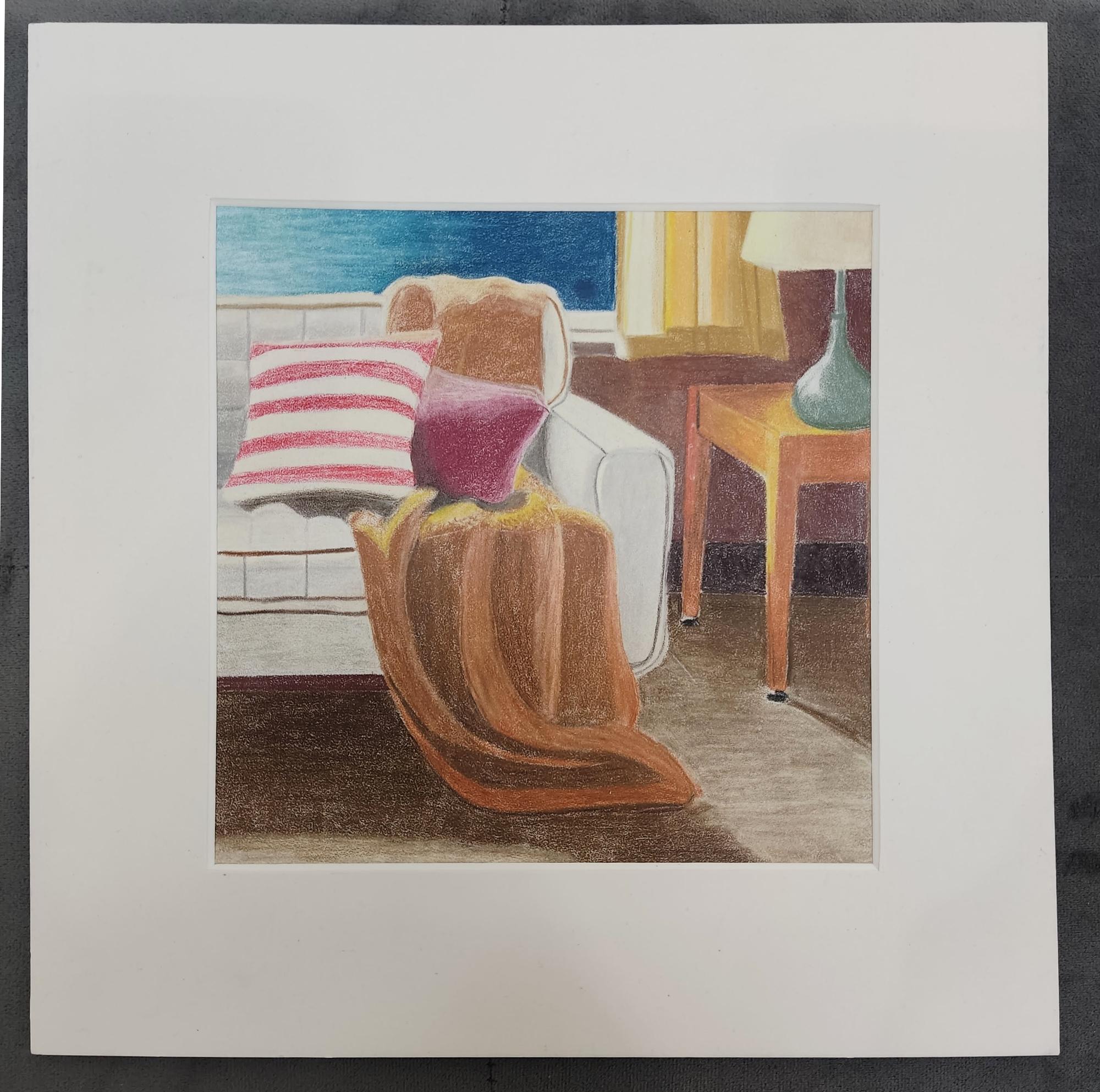 Fenêtre sur lac. Buntes Vintage-Interieur, See, Sessel (Realismus), Art, von Gabriel Riesnert