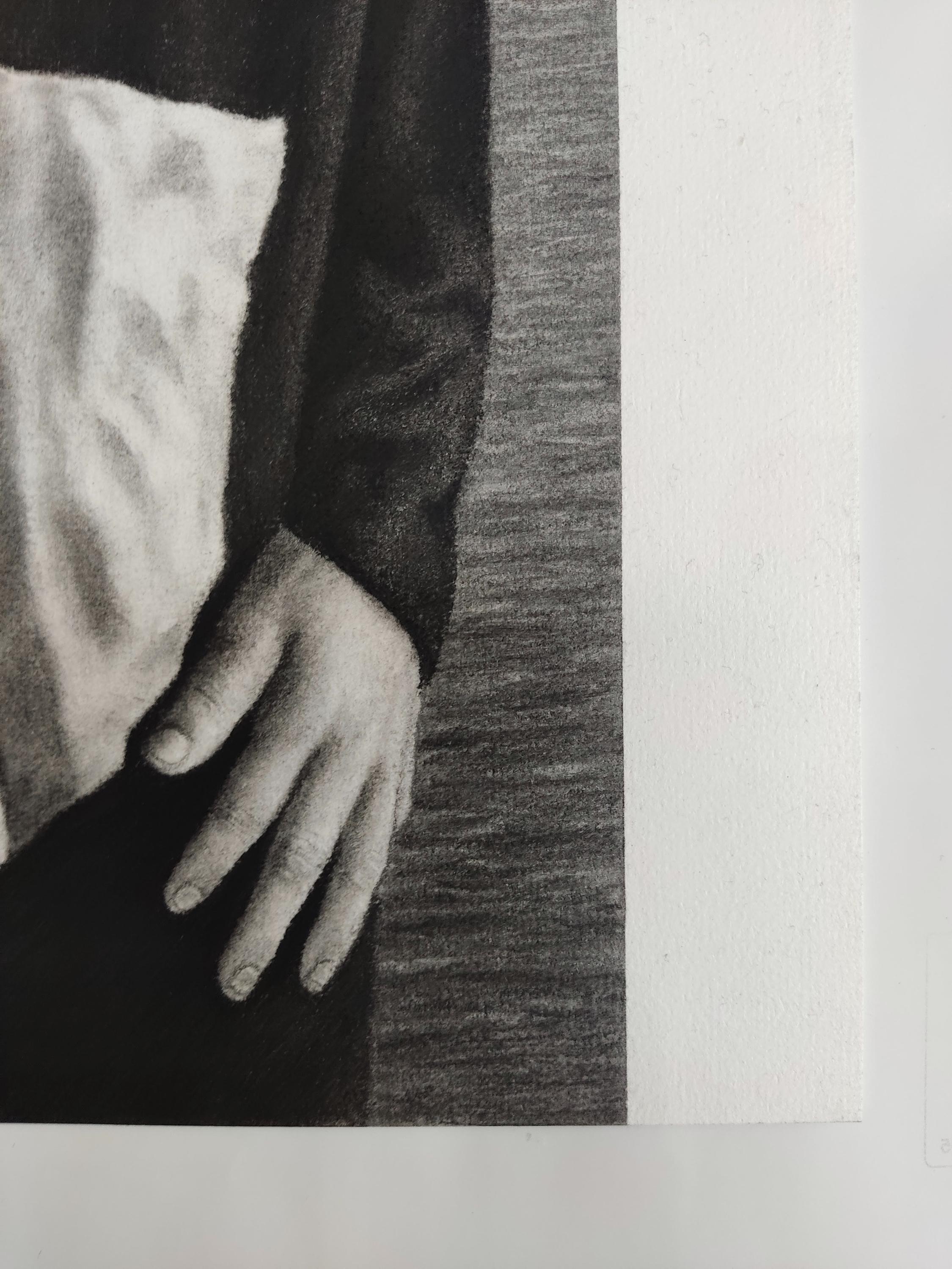 Sur l'ile, Kohle, schwarz-weiße figurative Zeichnung, Zeitgenössische Zeichnung (Schwarz), Portrait, von Aurélie Sicas