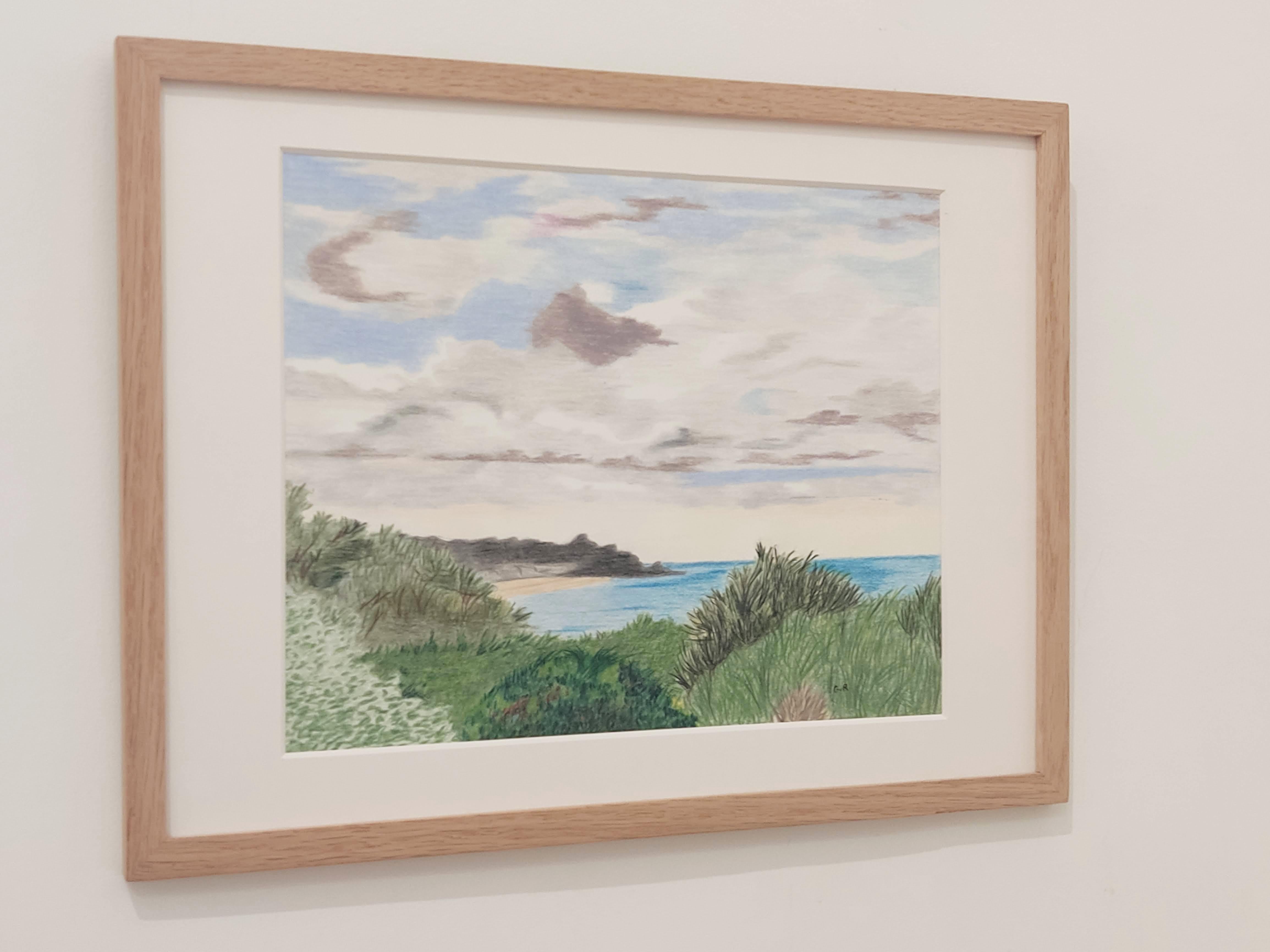 Subject : Plage des Jaunais (Title - FR)
Work :  New Original Drawing, Handmade artwork and Unique Work.
Medium : Oil pencils on archival  Fine Art paper. The work has been treated with UV-resistant varnish.
Artist : Gabriel Riesnert
Signature : The