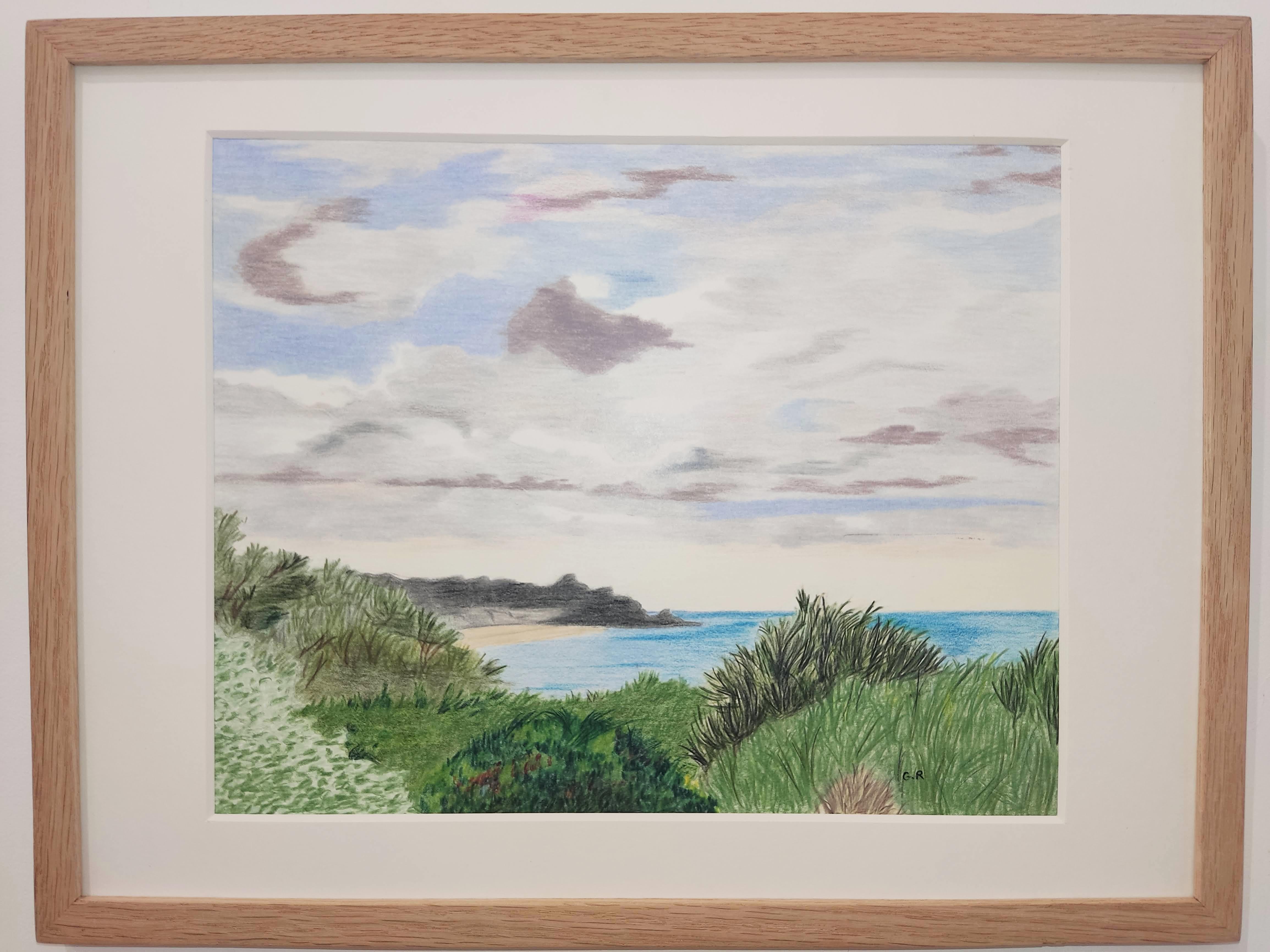 Plage des Jaunais, Original Drawing Landscape, Sea Scape, French coast - Gray Landscape Painting by Gabriel Riesnert