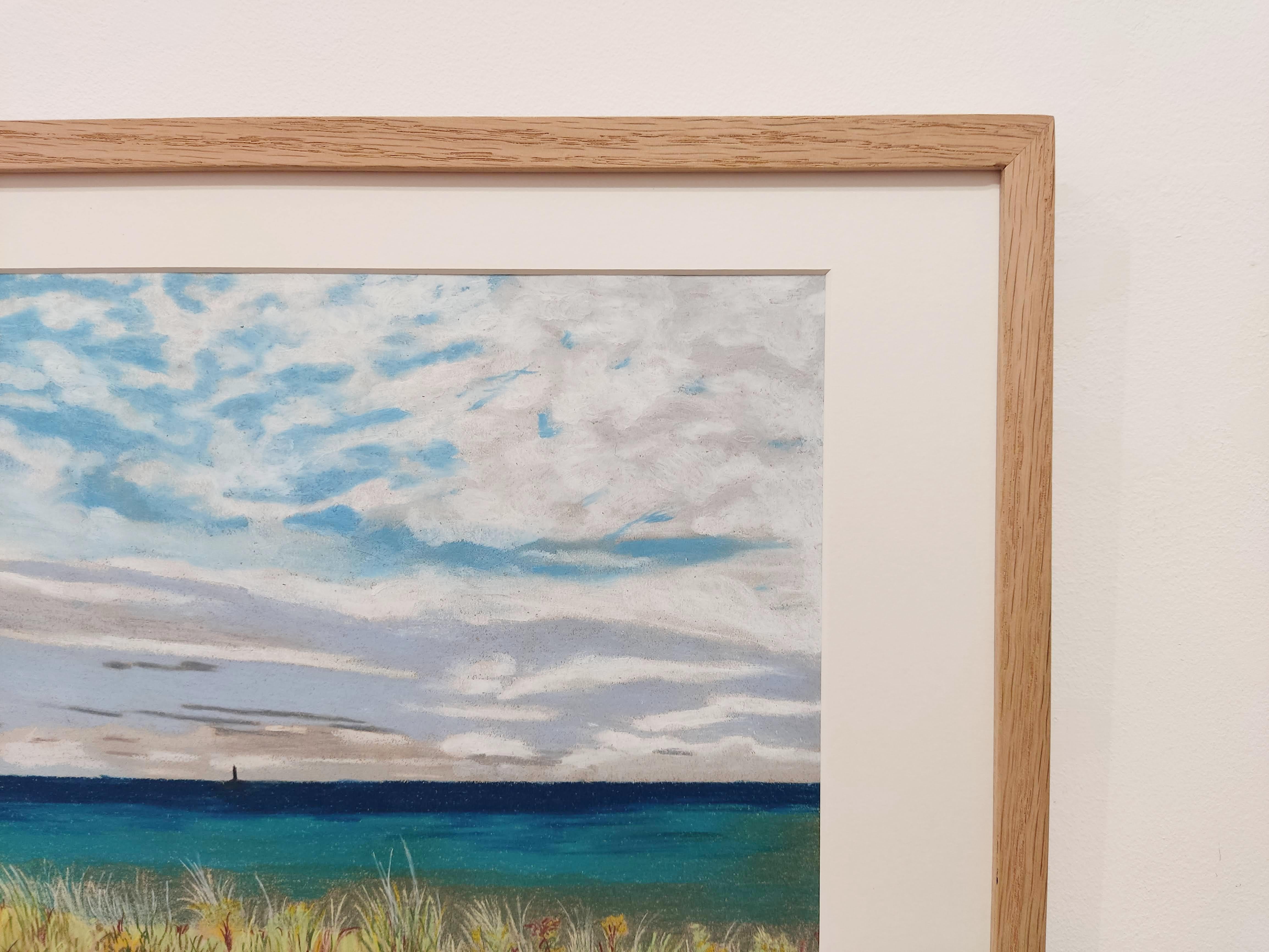 Le Phare, pastel à l'huile original, paysage contemporain, paysage maritime, côte française - Painting de Gabriel Riesnert