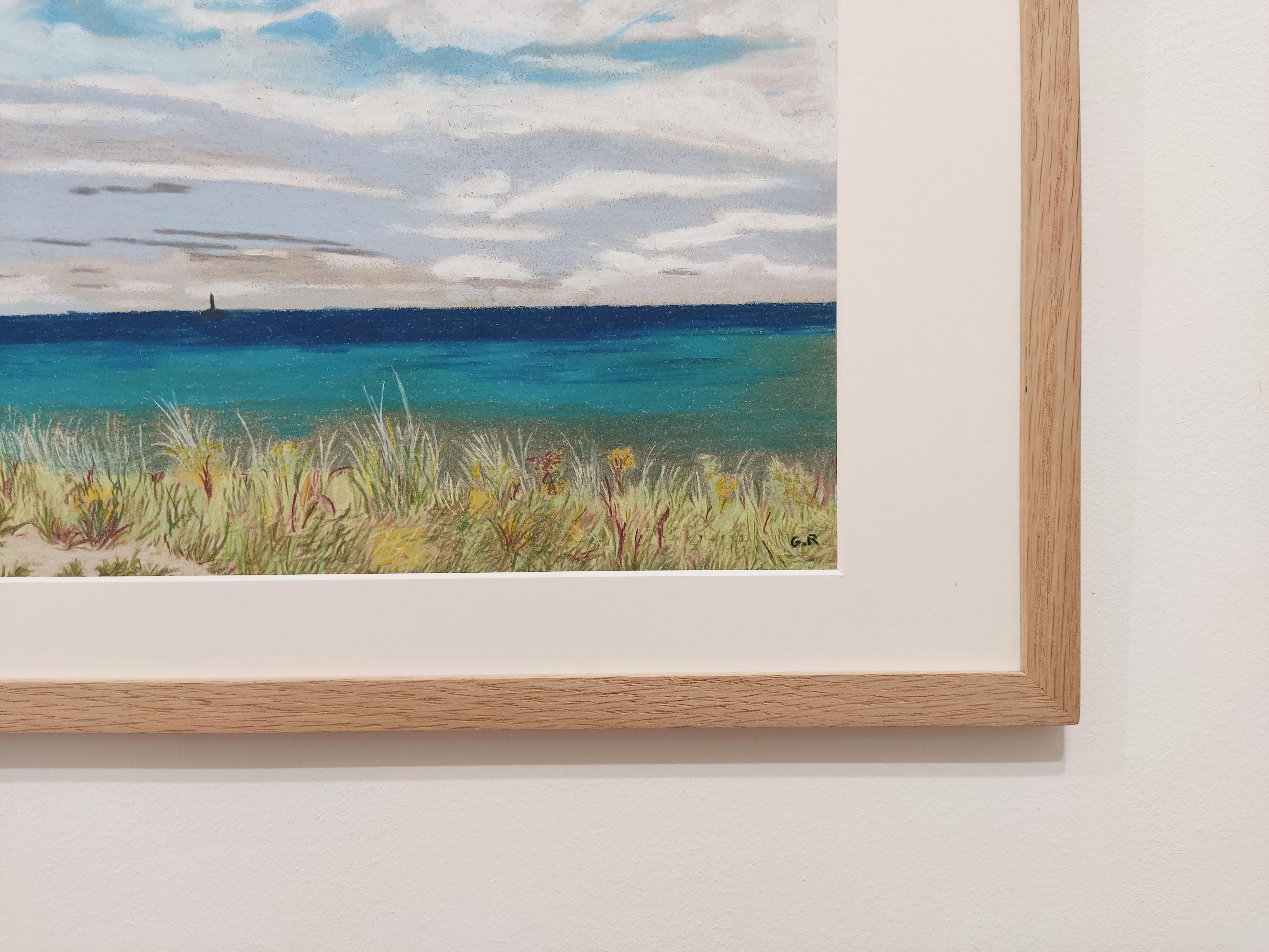 Le Phare, pastel à l'huile original, paysage contemporain, paysage maritime, côte française - Contemporain Painting par Gabriel Riesnert