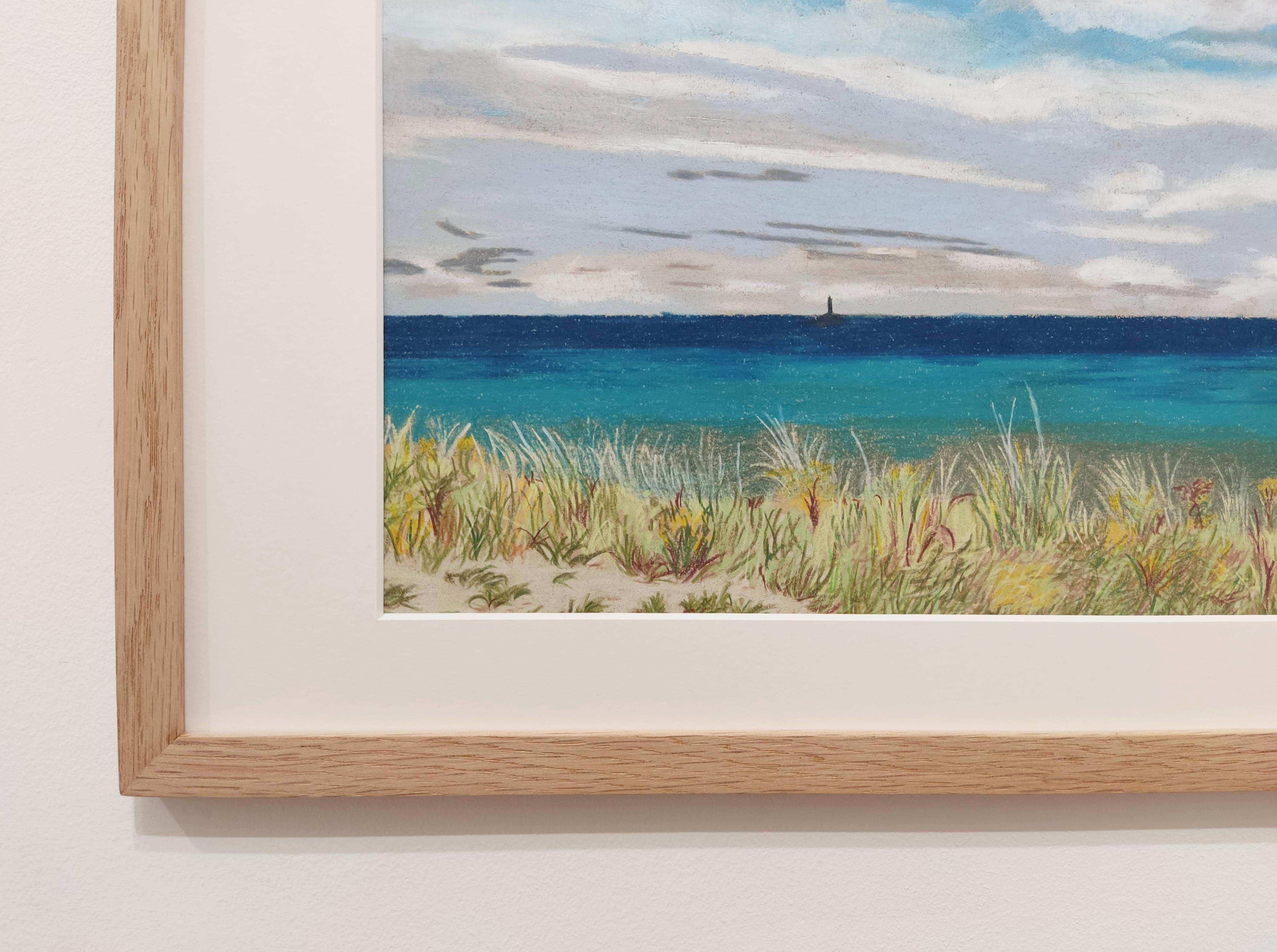 Le Phare, pastel à l'huile original, paysage contemporain, paysage maritime, côte française - Bleu Landscape Painting par Gabriel Riesnert