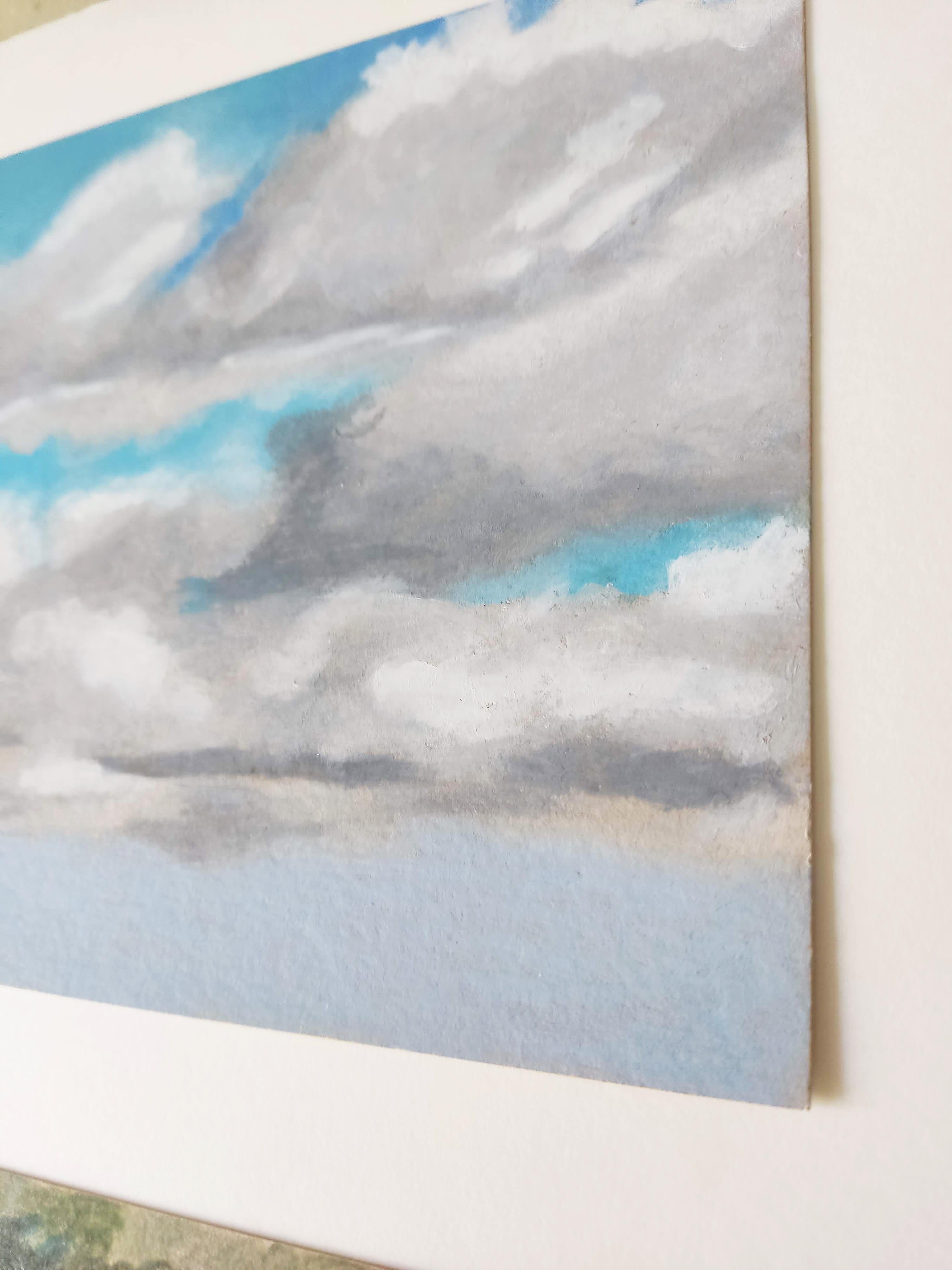 Heather on Rock, Oil Pastel, French Landscape, Sky with Clouds - Art by Gabriel Riesnert