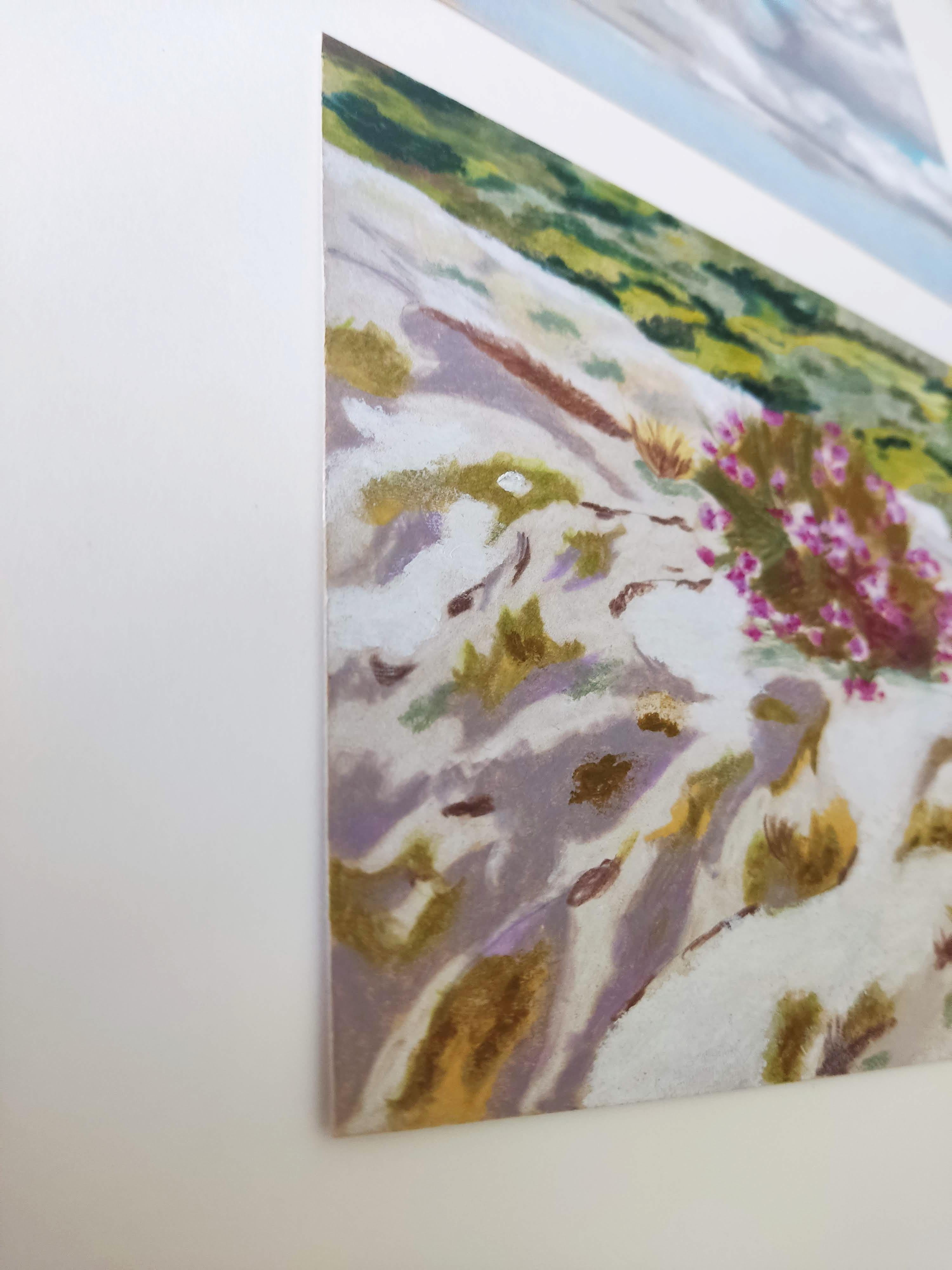 Heather on Rock, Oil Pastel, French Landscape, Sky with Clouds - Contemporary Art by Gabriel Riesnert
