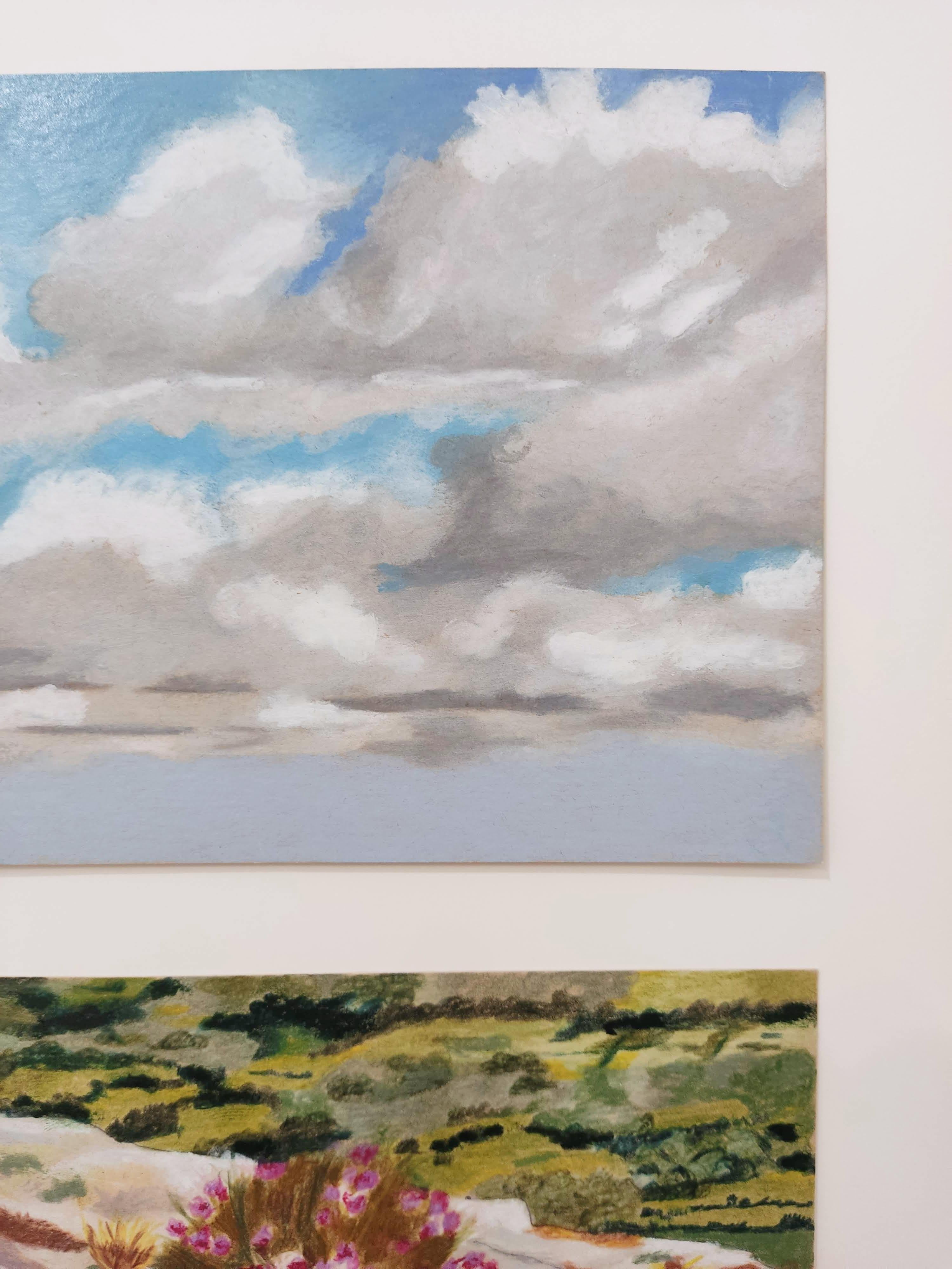 Heather on Rock, Oil Pastel, French Landscape, Sky with Clouds For Sale 1