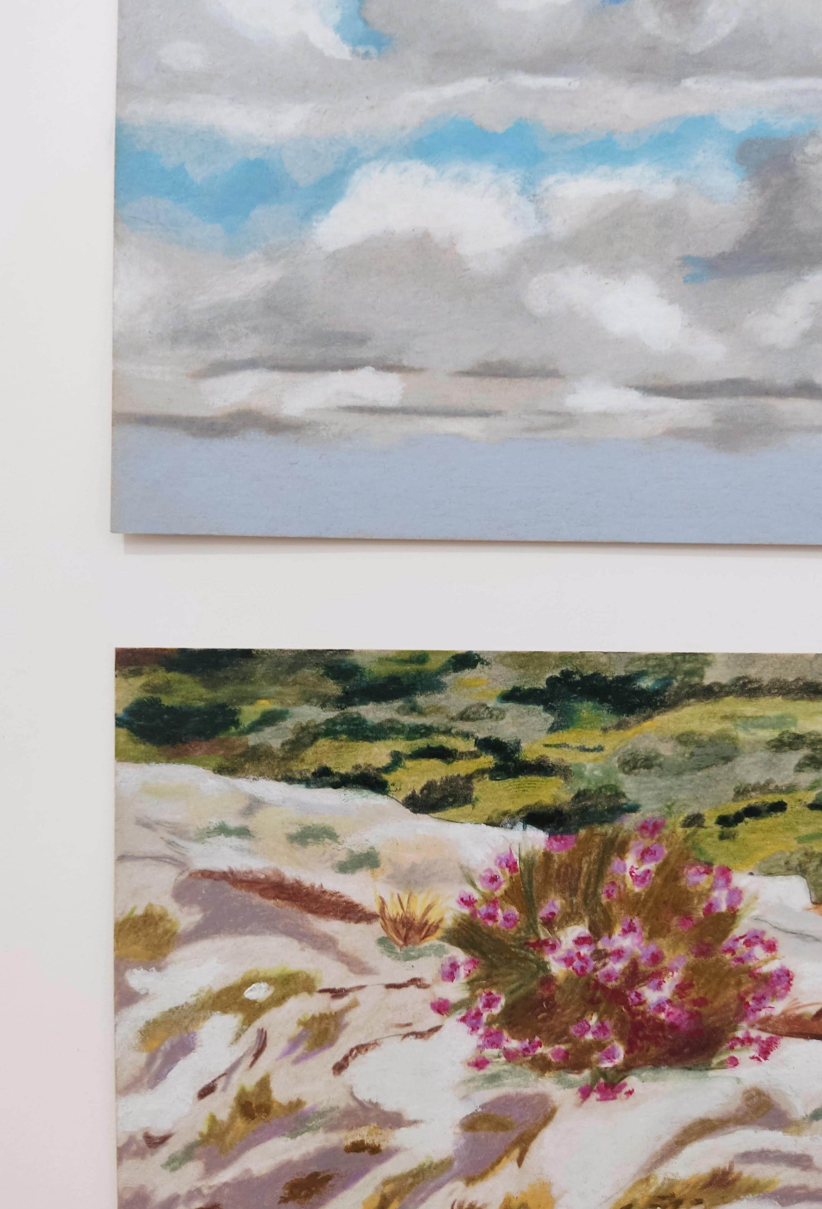 Heather on Rock, Oil Pastel, French Landscape, Sky with Clouds For Sale 2