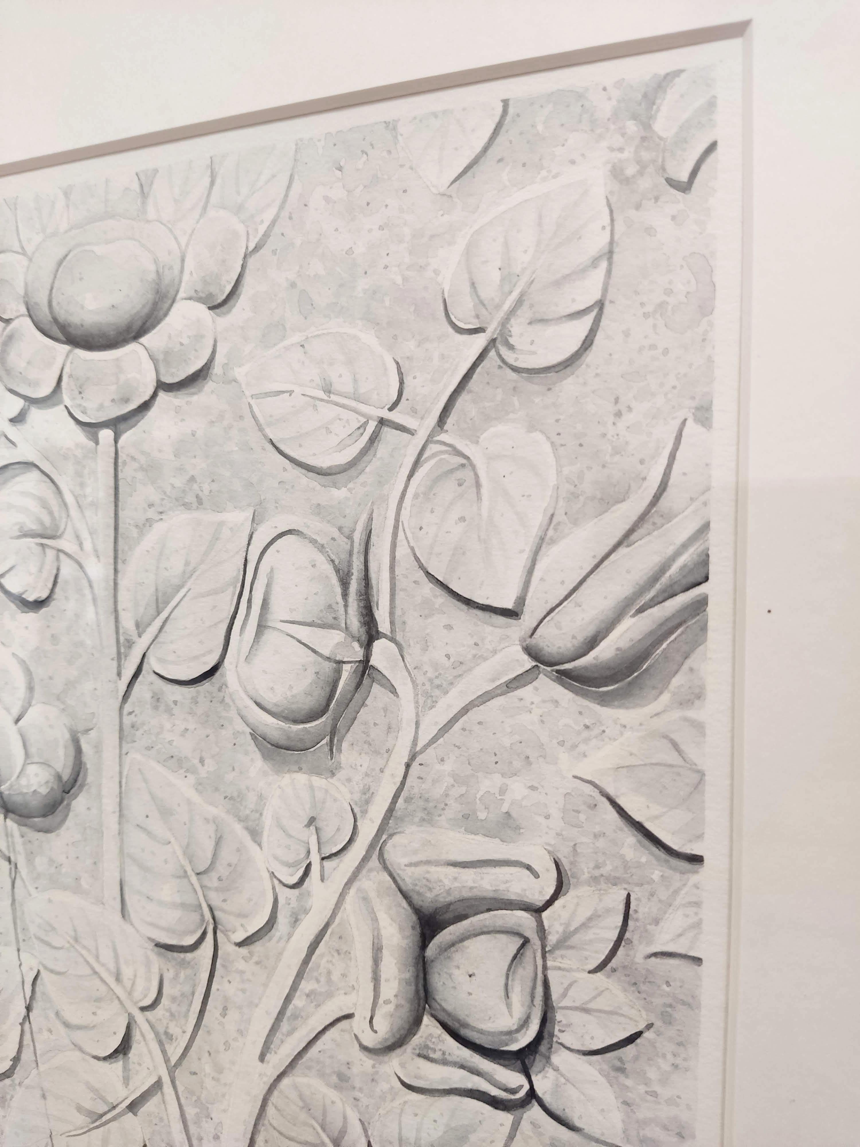 Im_mortelle, Original Contemporary Watercolor Painting, Floral, Bas-relief For Sale 1
