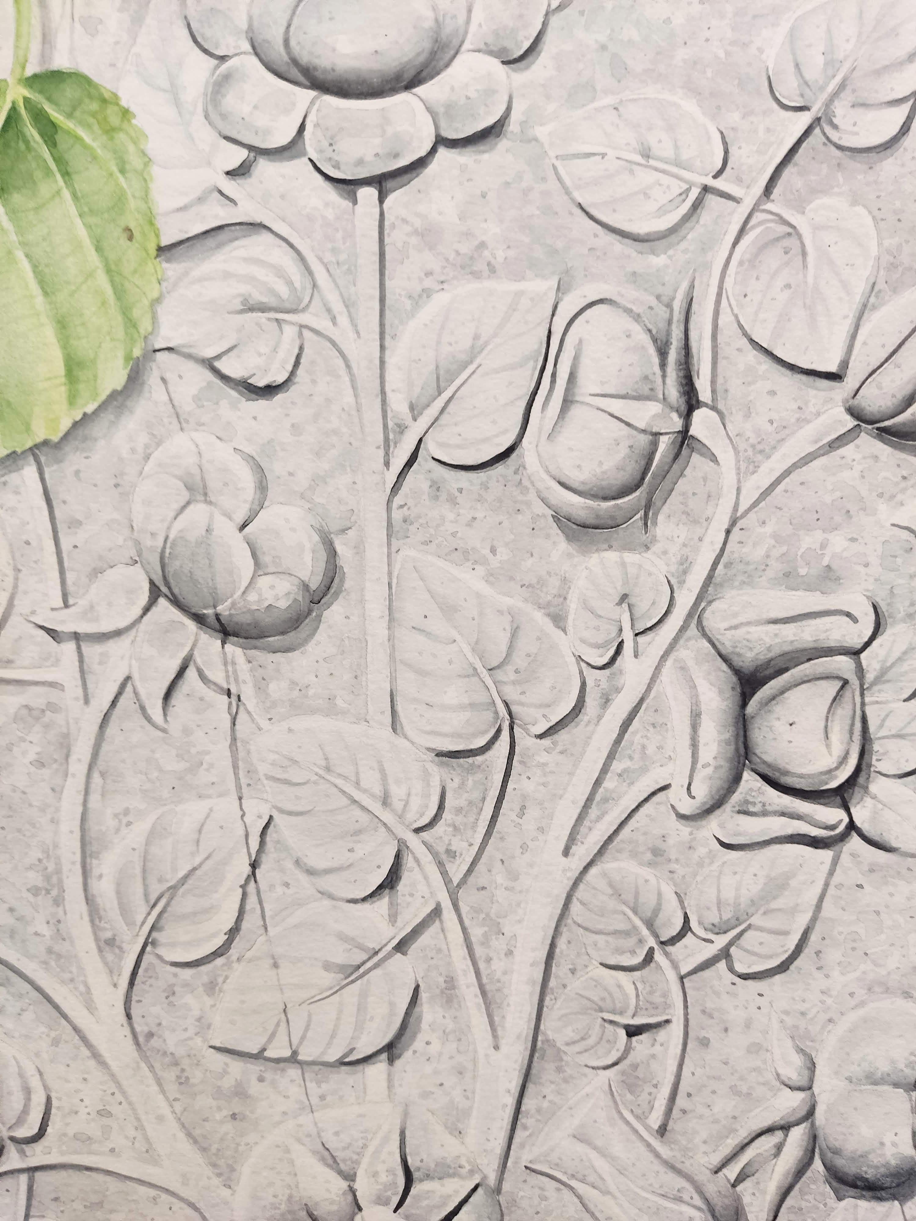 Im_mortelle, Original Contemporary Watercolor Painting, Floral, Bas-relief - Gray Figurative Art by Deniz Bayav
