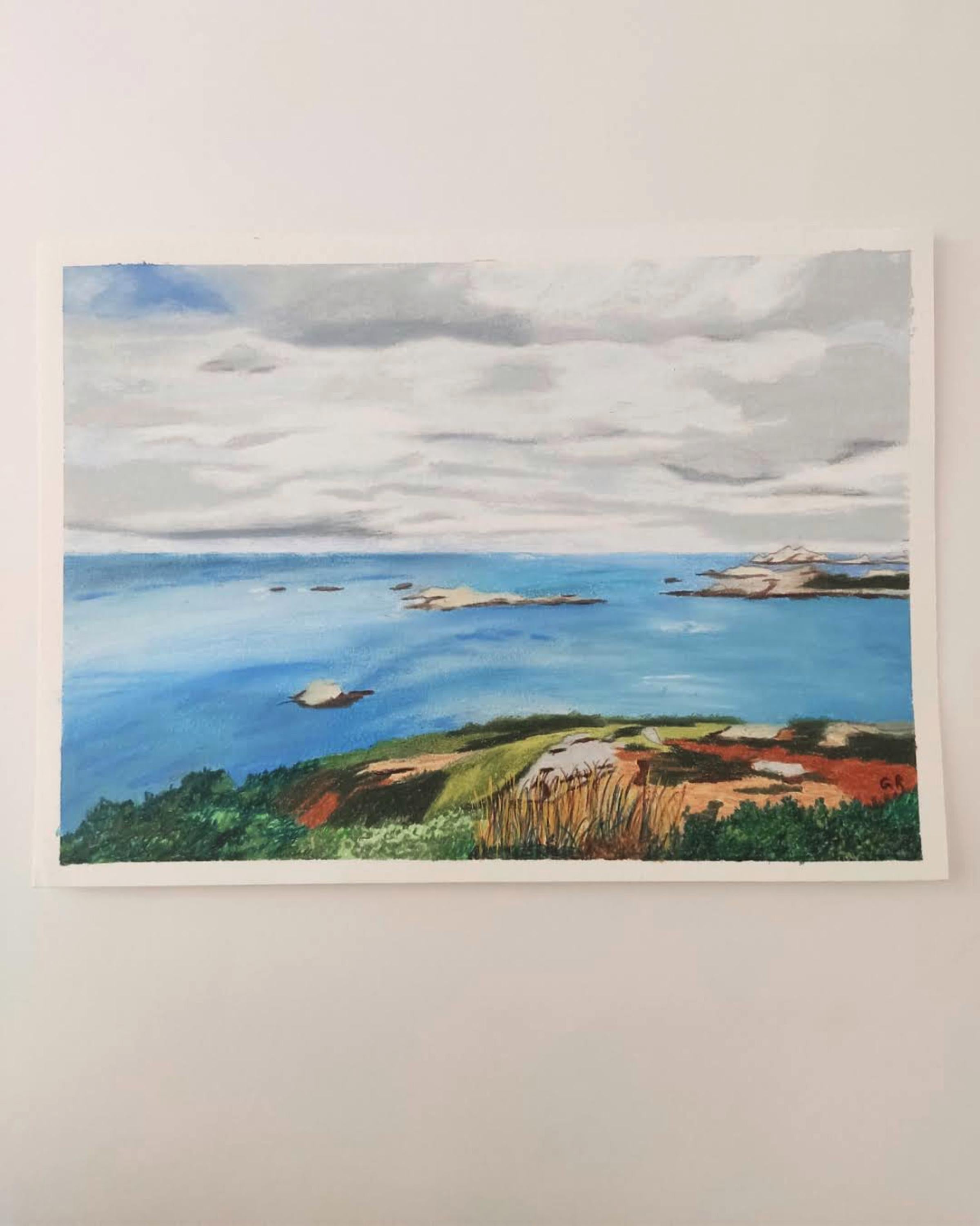 Bleu Océanique, Pastello a olio, Paesaggio marino francese impressionista, Paesaggio - Art di Gabriel Riesnert