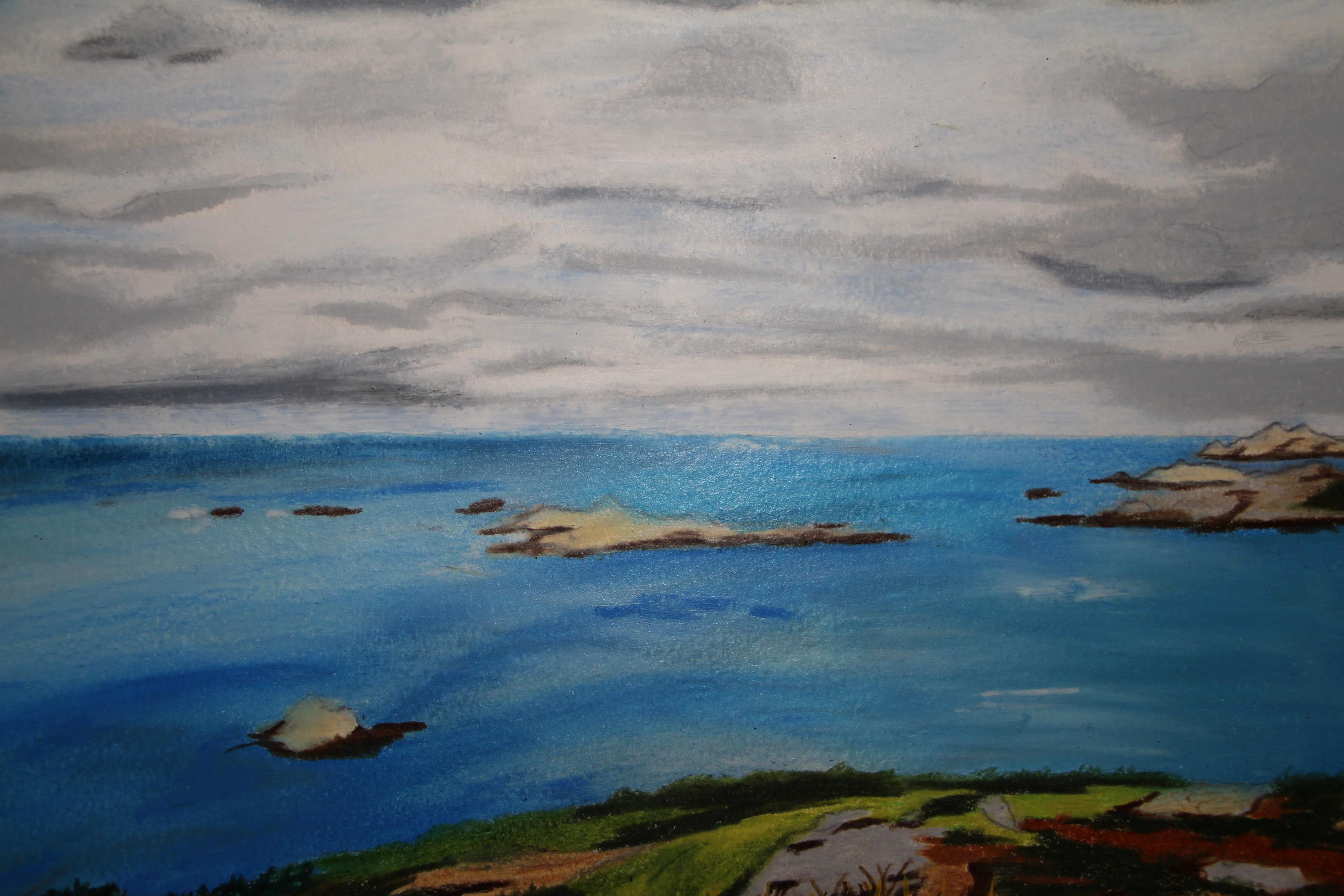 Bleu Océanique, Pastello a olio, Paesaggio marino francese impressionista, Paesaggio - Art Contemporaneo di Gabriel Riesnert