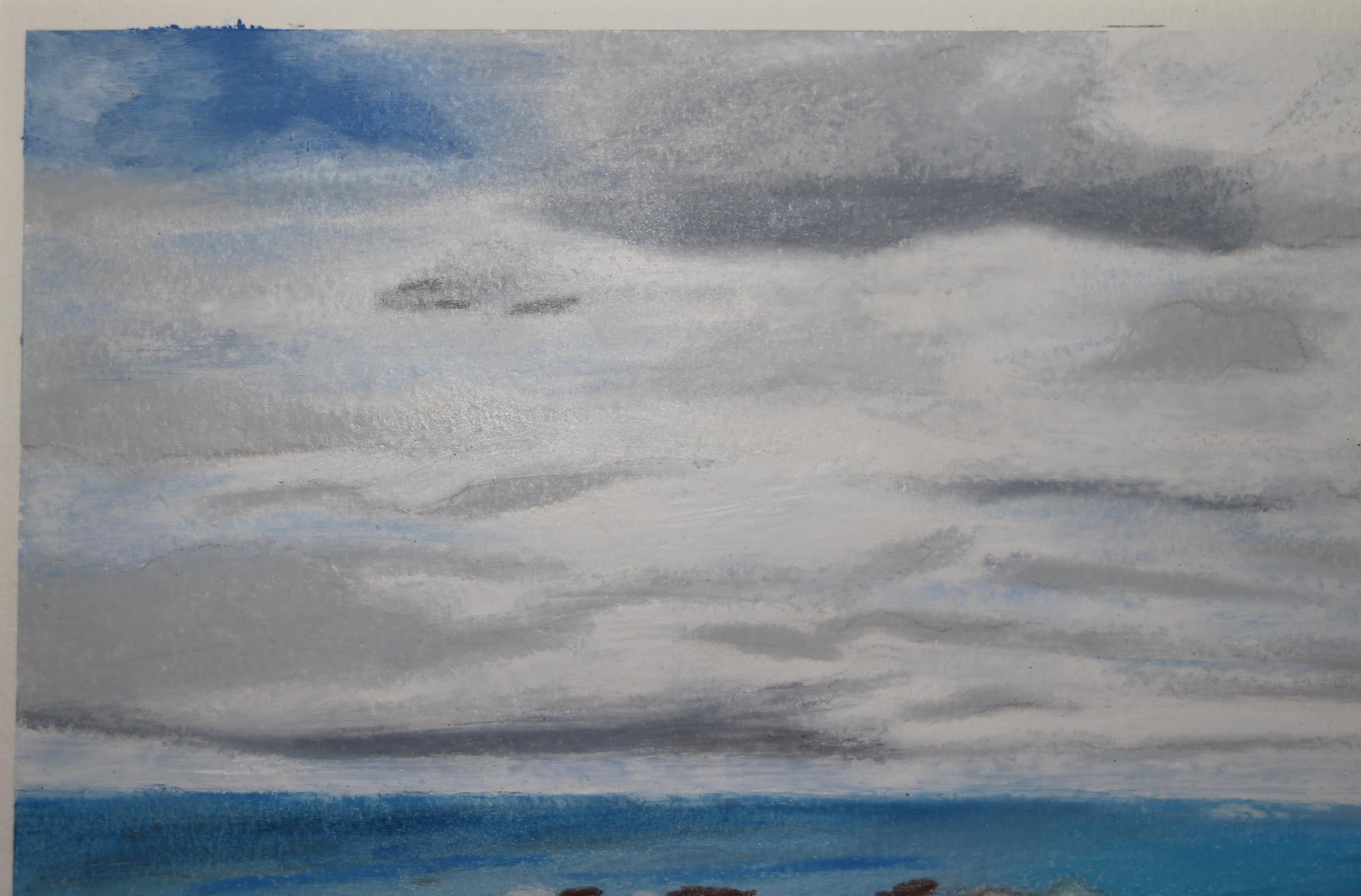 Bleu Océanique, Pastello a olio, Paesaggio marino francese impressionista, Paesaggio - Landscape Art Blu di Gabriel Riesnert