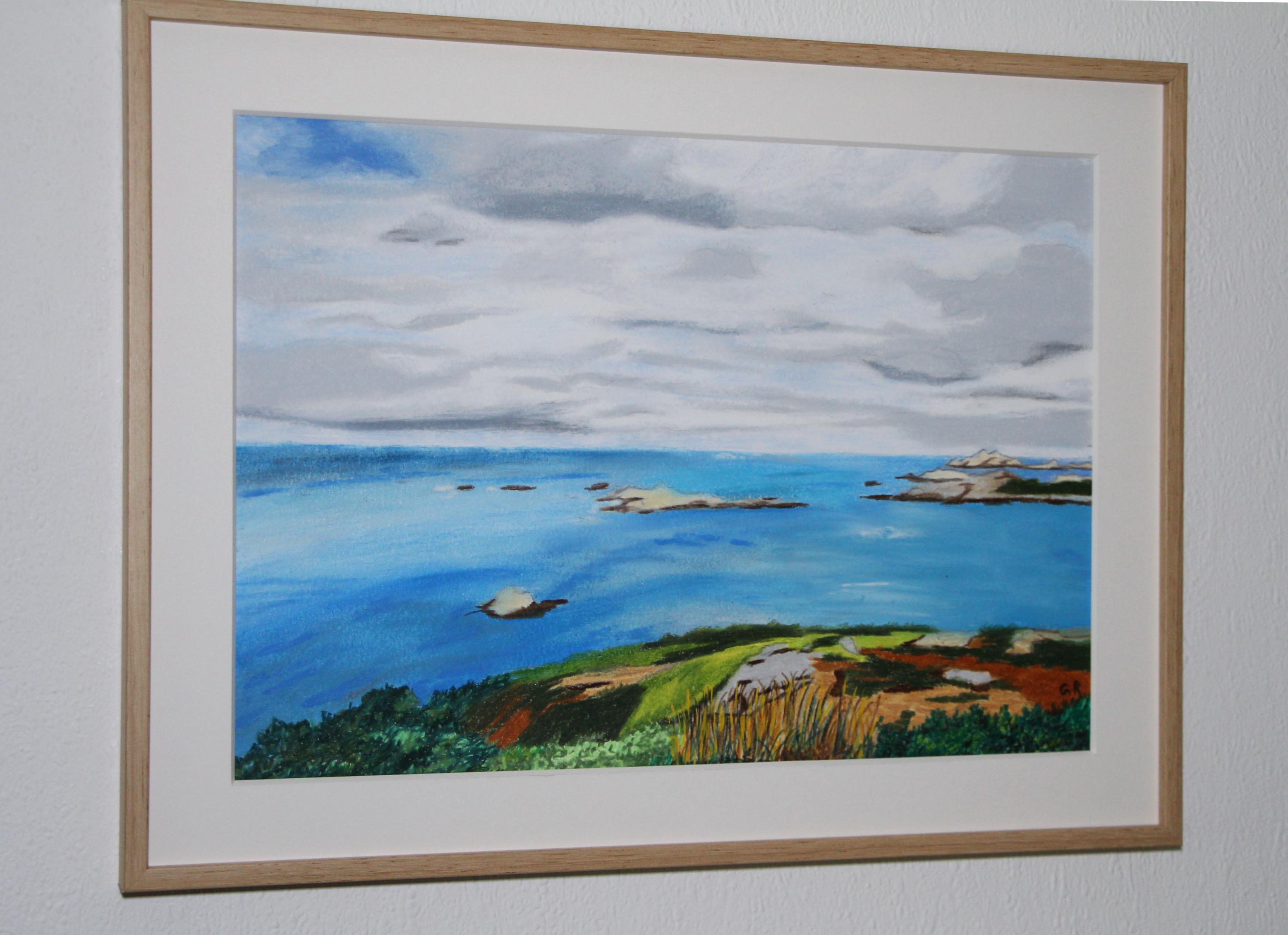 Bleu Océanique, Pastello a olio, Paesaggio marino francese impressionista, Paesaggio in vendita 2