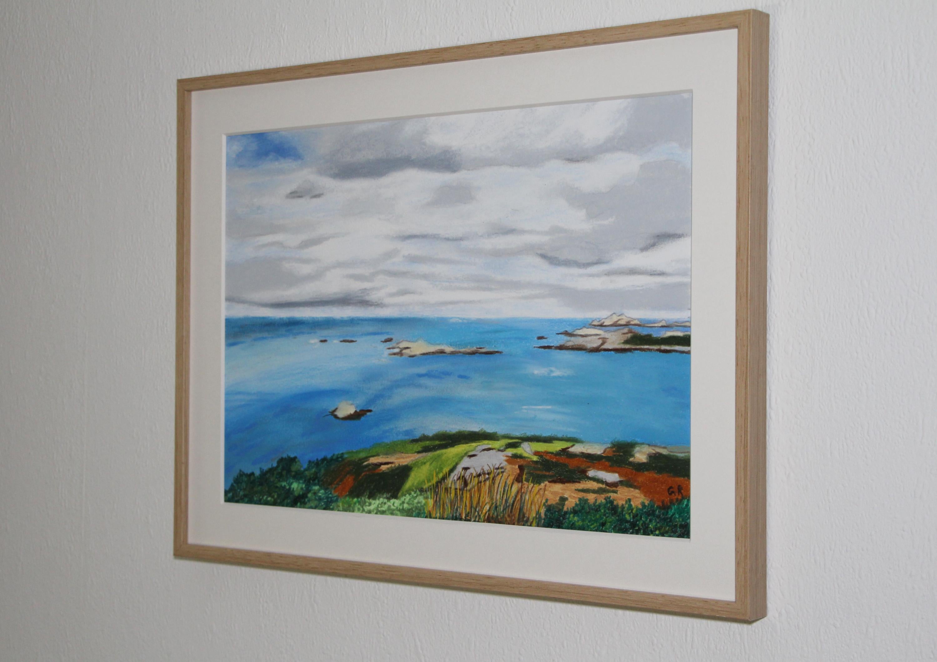 Bleu Océanique, Pastello a olio, Paesaggio marino francese impressionista, Paesaggio in vendita 1