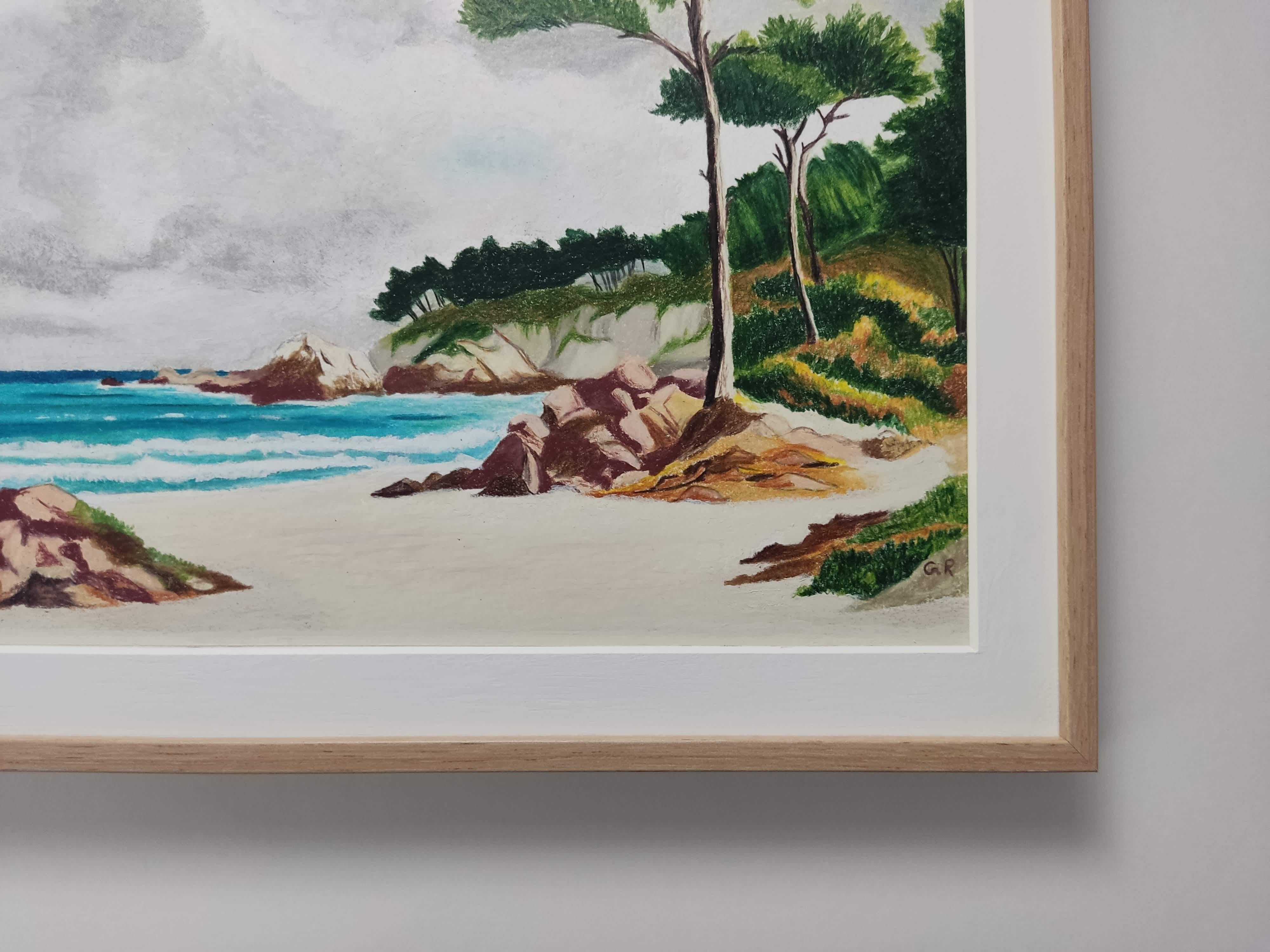 Loin des villes, Pastel al óleo, Costa, Playa, Árboles, Nubes - Painting Contemporáneo de Gabriel Riesnert