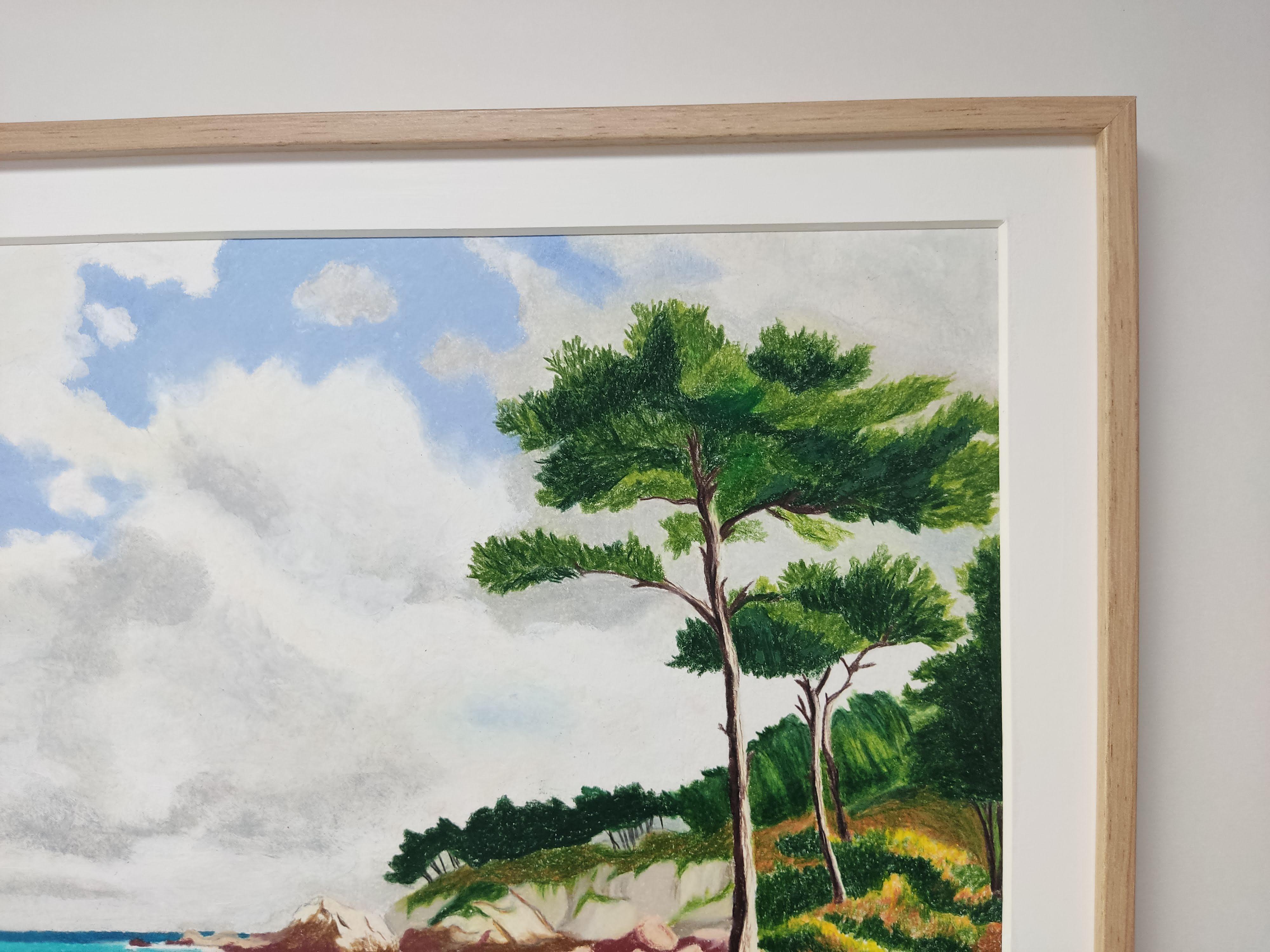 Loin des villes, Pastel al óleo, Costa, Playa, Árboles, Nubes en venta 1