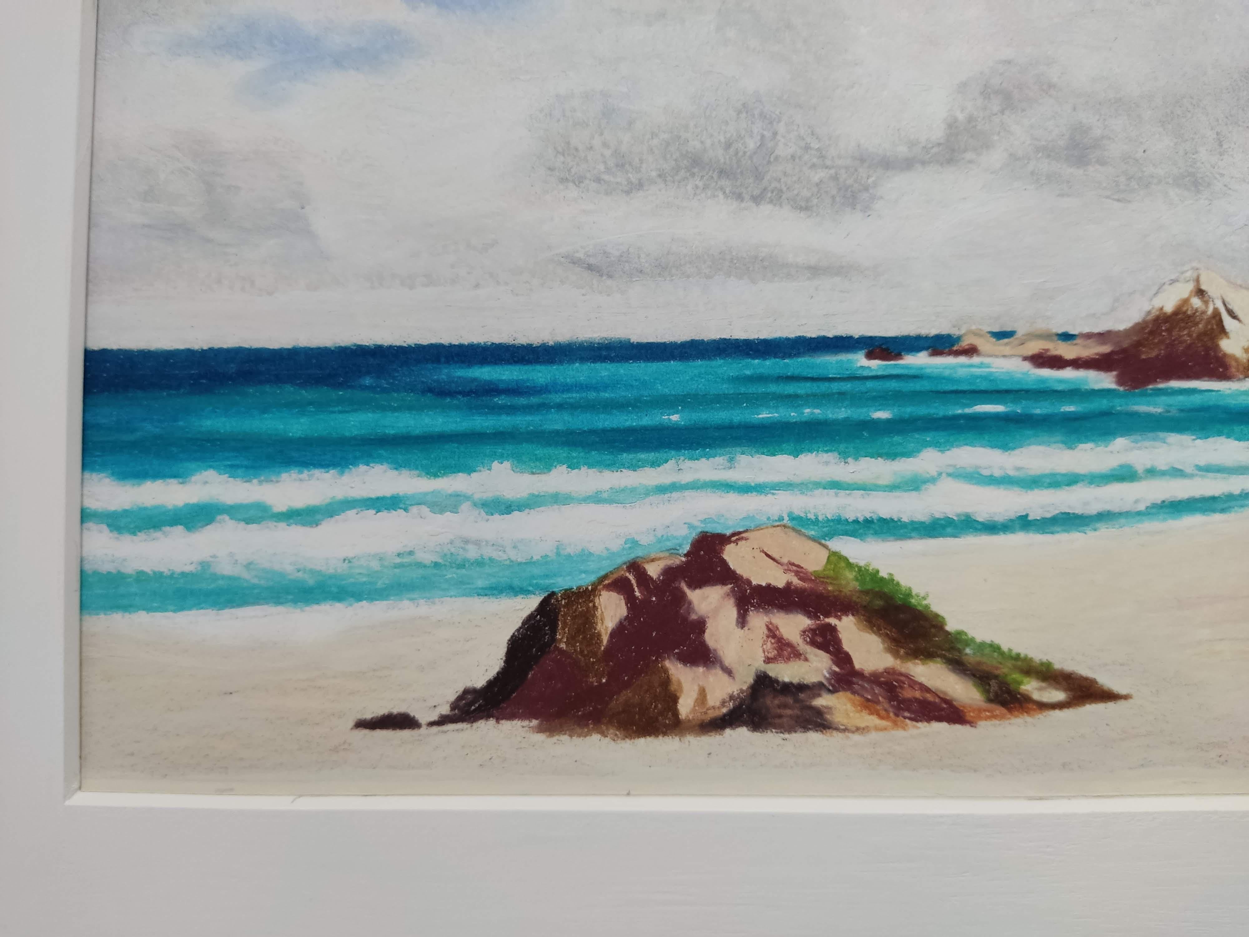 Loin des villes, Pastel al óleo, Costa, Playa, Árboles, Nubes en venta 3