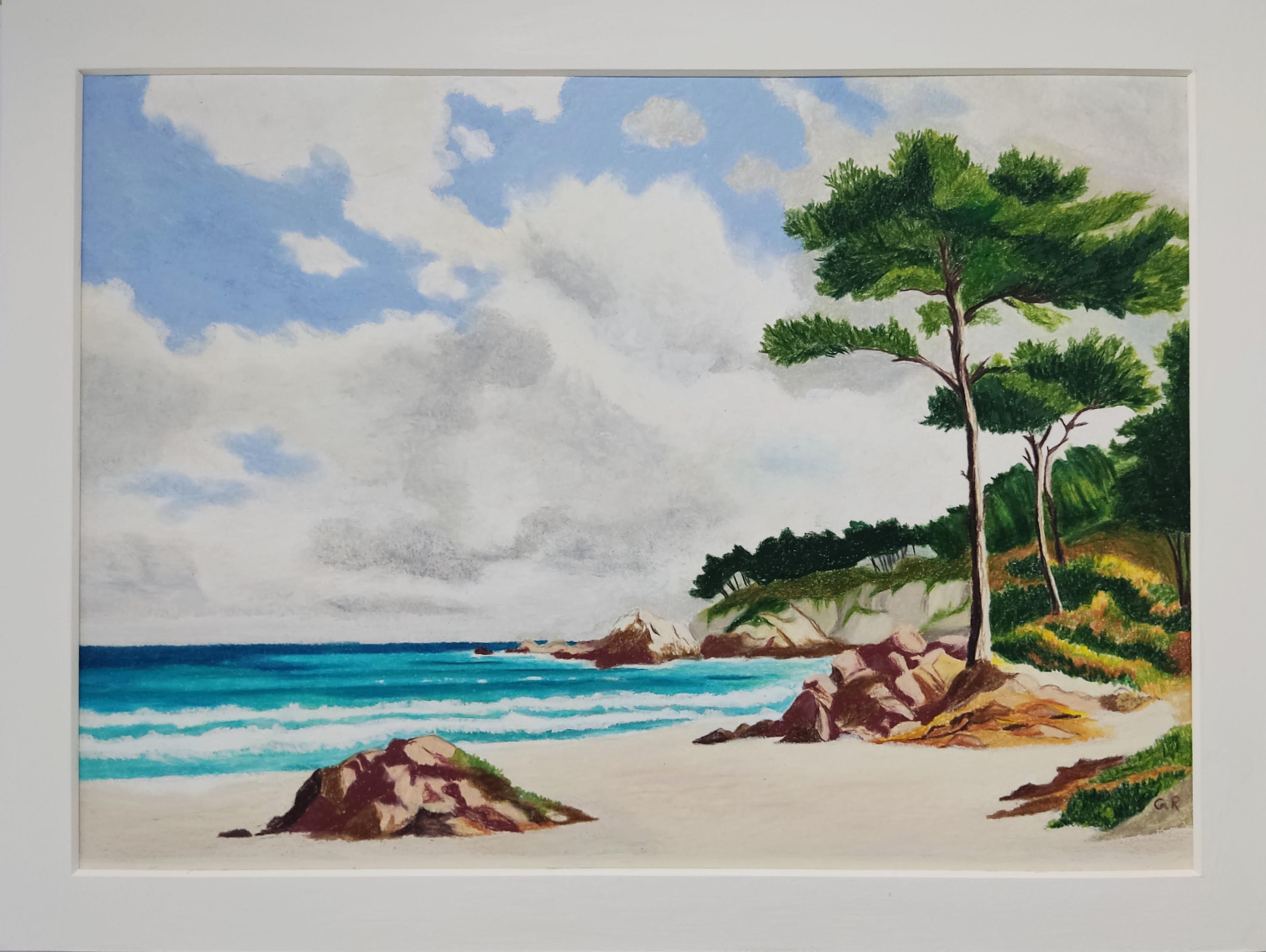 Loin des villes, Pastel al óleo, Costa, Playa, Árboles, Nubes en venta 2