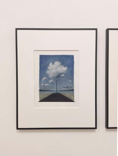 Meeresküstenlandschaft, Original Aquarell, Surrealistische Minimalistische Meereslandschaft, Wolke
