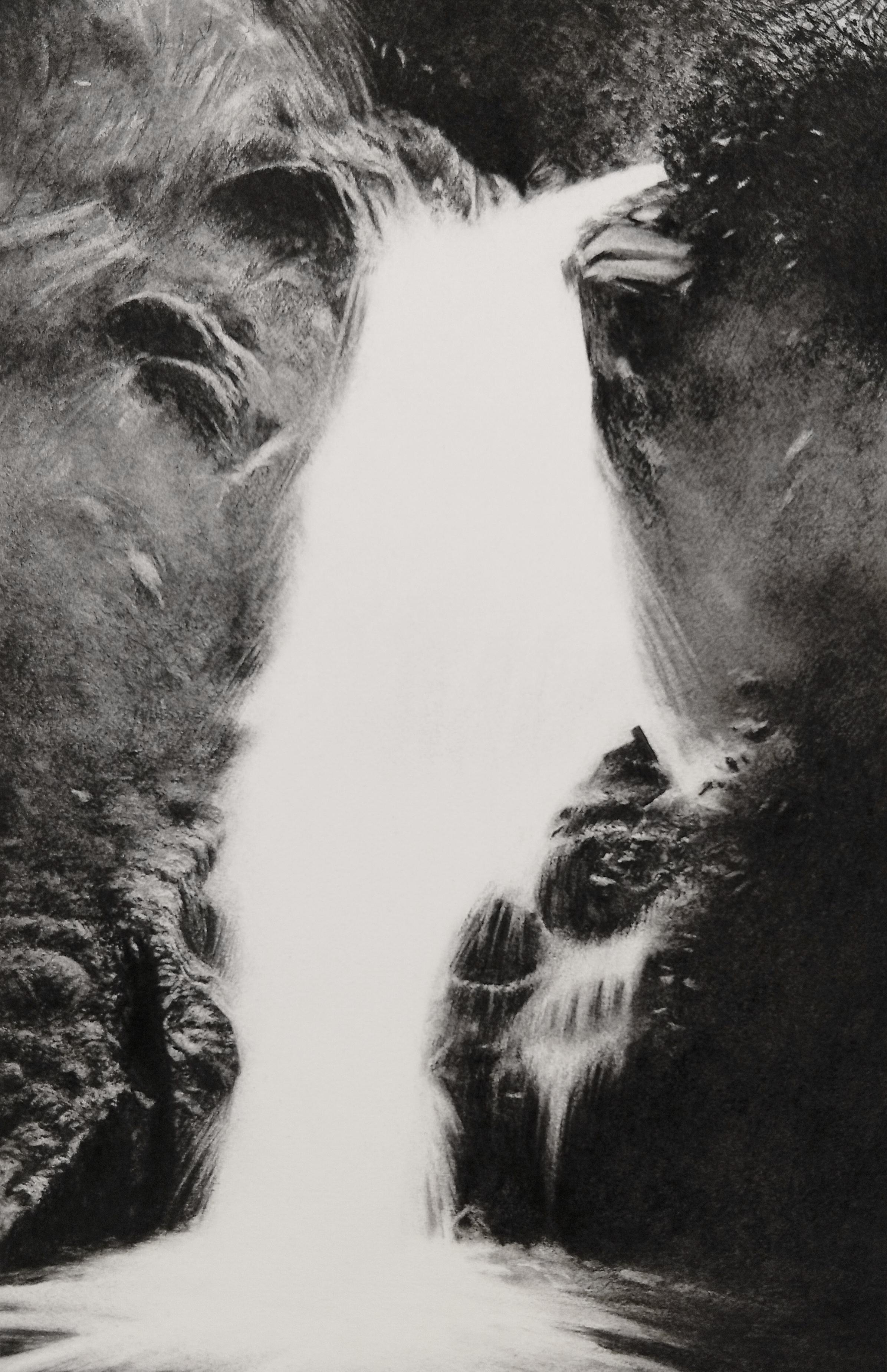 Abstract Drawing de Fabien Granet - Point de Chute, Dibujo al Carbón, Paisaje Abstracto Contemporáneo, Cascada