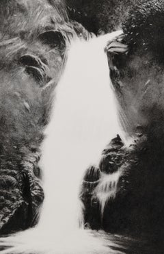 Point de Chute, dessin au fusain, paysage abstrait contemporain, chute d'eau