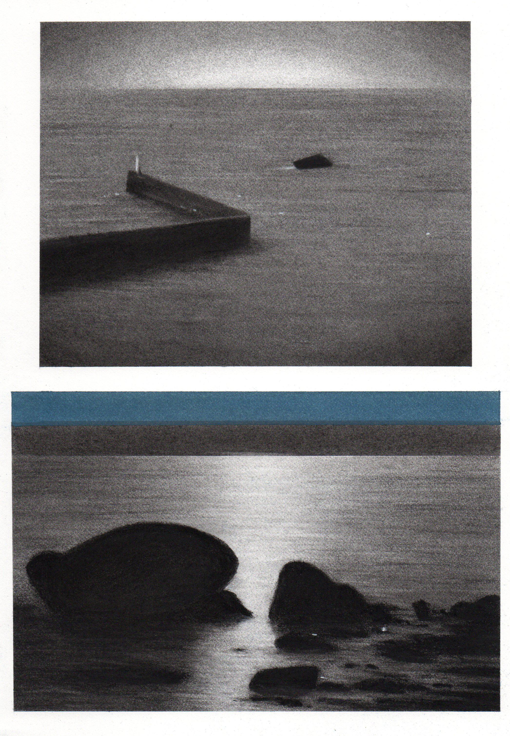 Contemporary Artwork on Paper, Charcoal and Pastel Seascape Drawing, Minimalist