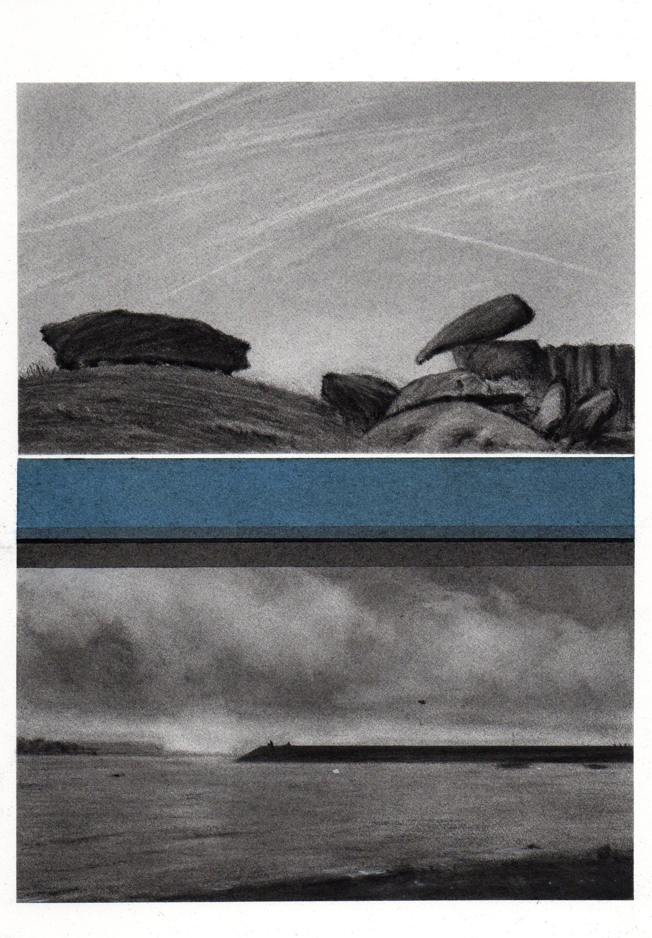 Zeitgenössische Landschaftszeichnung in Kohle und Pastell, minimalistisches Kunstwerk, Meere