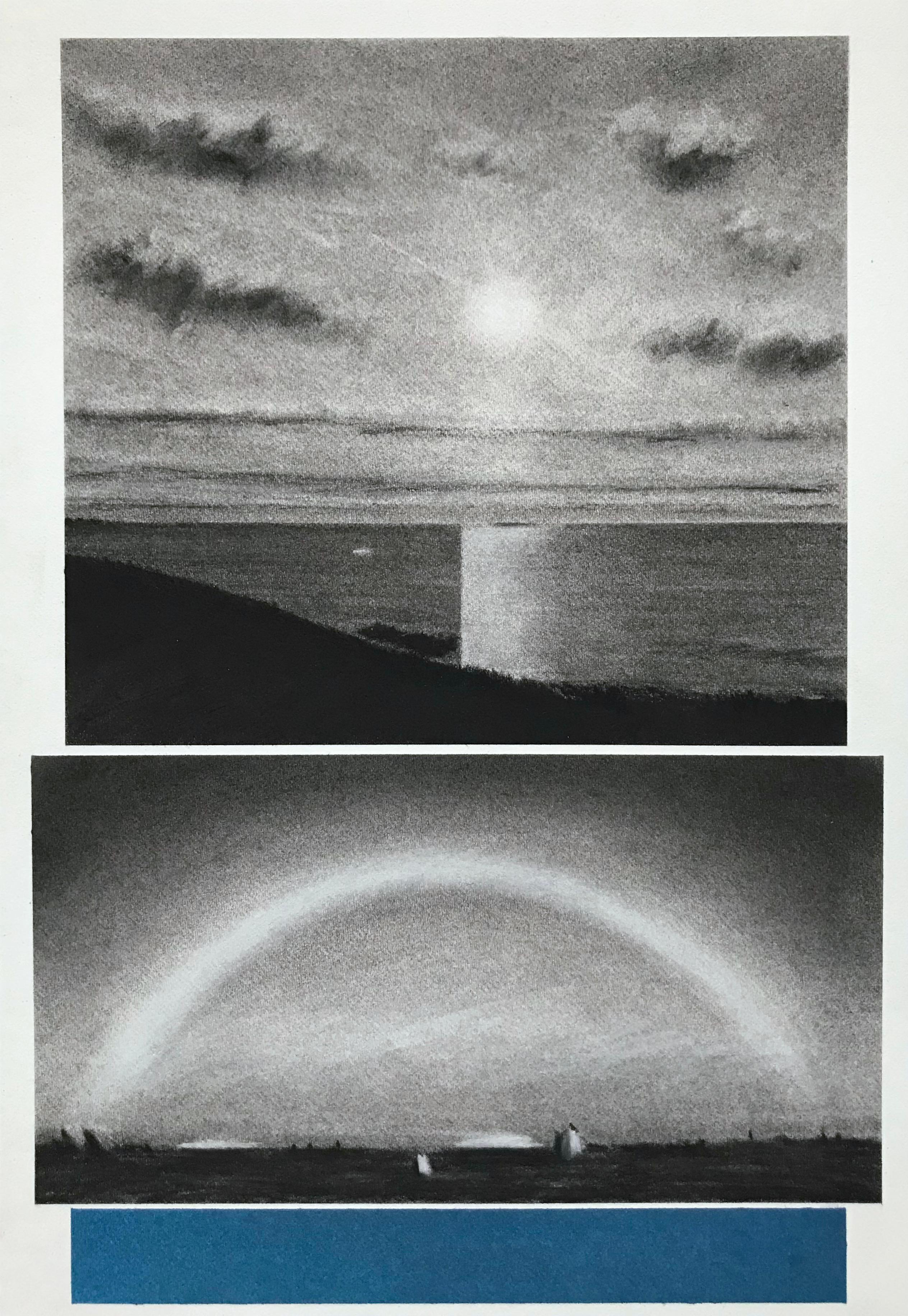 Meer und Himmel, Original Kohle- und Pastellzeichnung, Heller Horizont, Minimalistisch