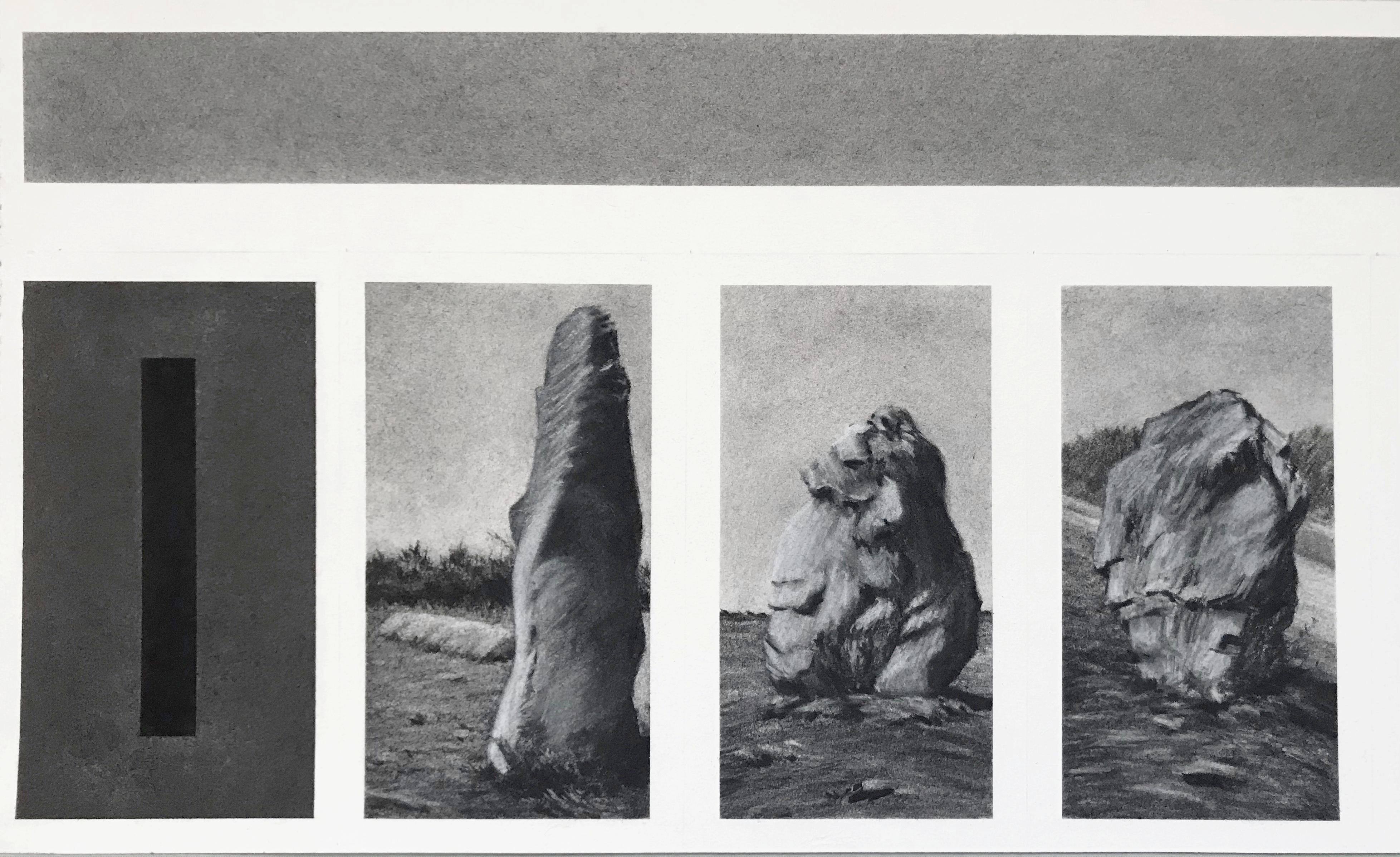 Alignement Lagatjar, Bretagne Frankreich, Kohle, Zeitgenössische Landschaftszeichnung (Grau), Landscape Art, von Fabien Granet