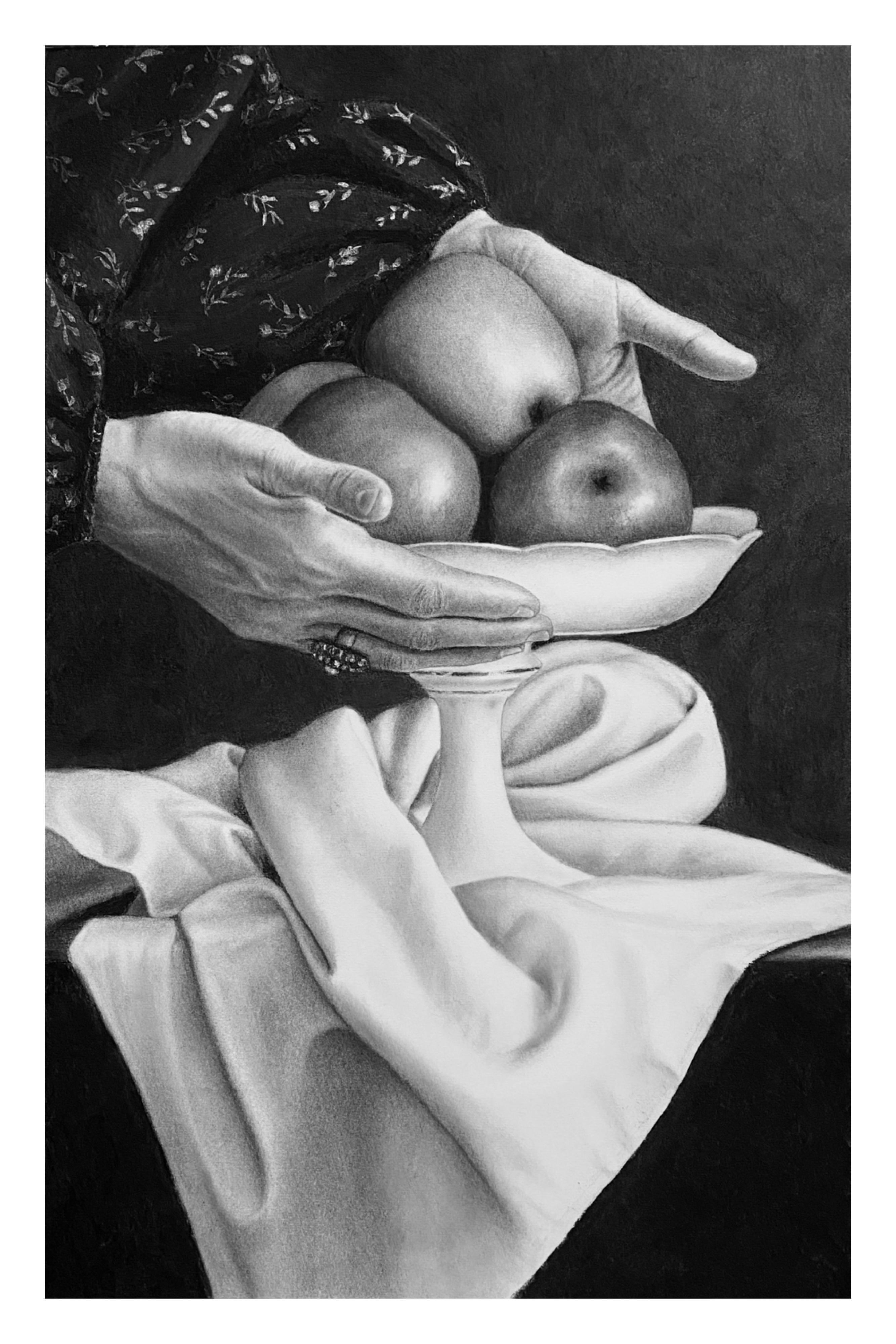 Compotier, Charcoal Original Drawing, Realistic Still Life with Apples