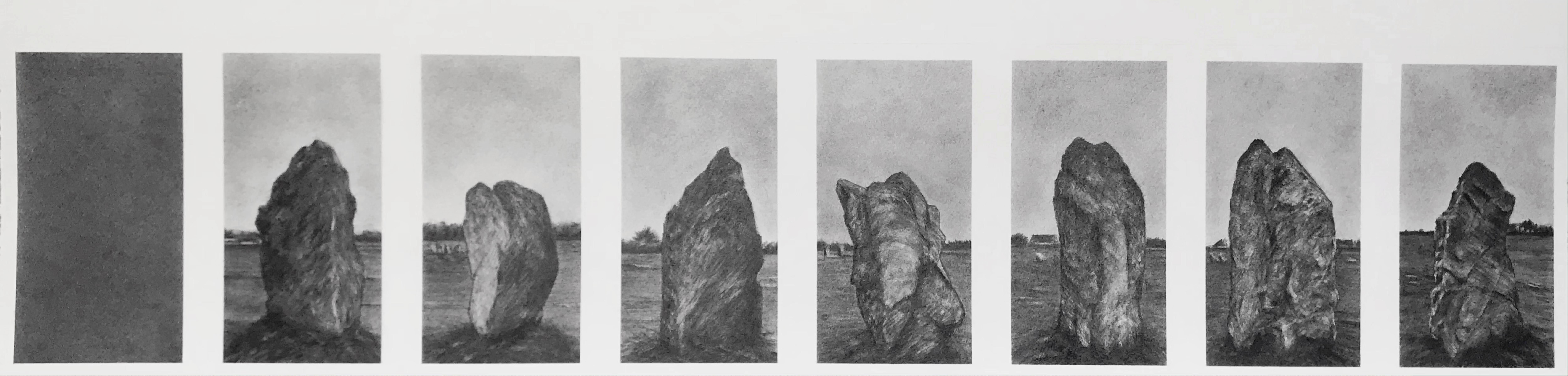 Megalithische Steinsetzungen, Original Kohle 
Graphit Zeitgenössische Landschaft