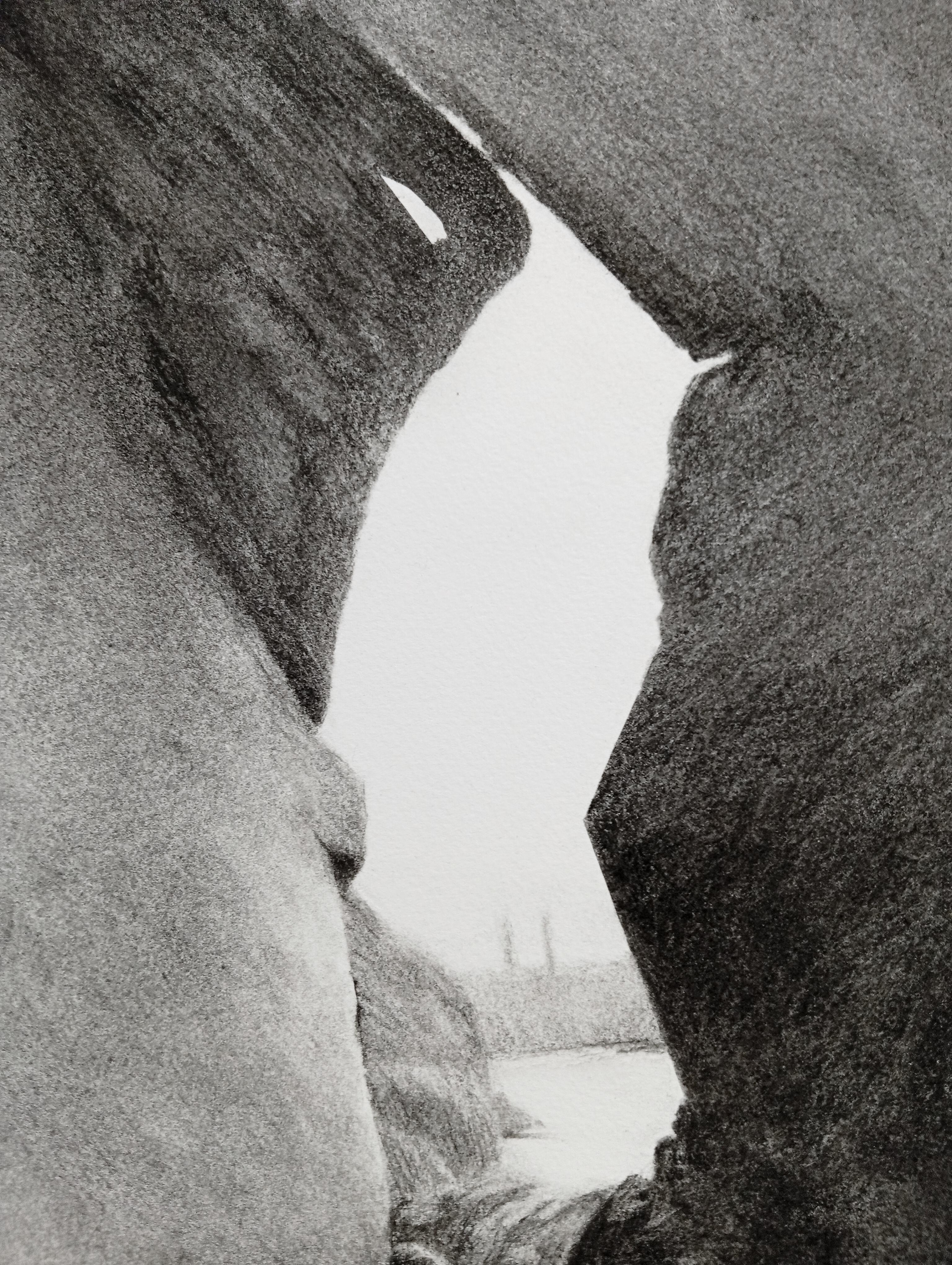 Point de Voir, Paesaggio realistico a carboncino, vista attraverso le formazioni di pietra - Art di Fabien Granet