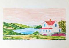 Lac dans un paysage, Dibujo de paisaje contemporáneo al pastel, Original firmado