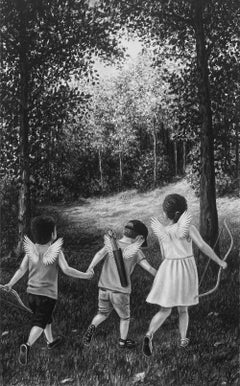 Les Chemins, disegno originale a carboncino, scena figurativa contemporanea