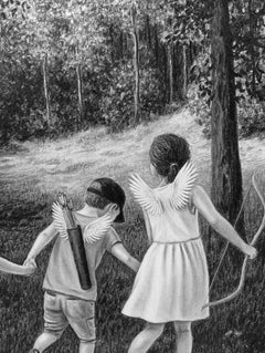 Les Chemins, disegno originale a carboncino, scena figurativa contemporanea