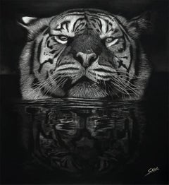 Rajah (swimming tiger), drawing, 2022, hyperrealism, 4'3'', French artist SKIMA