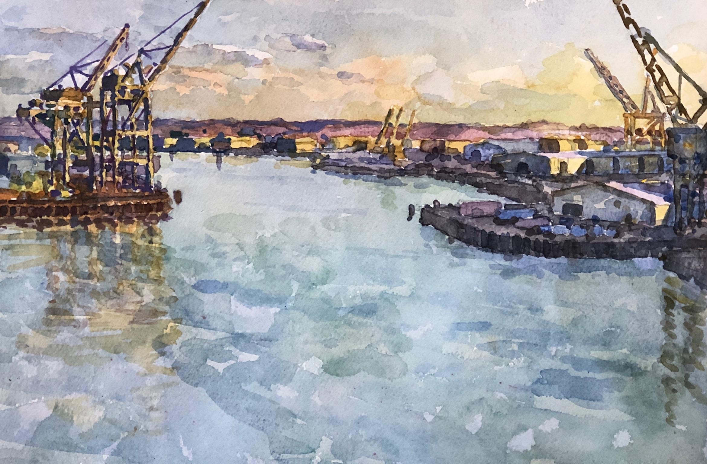 Derek Buckner Landscape Art - Shipping Cranes, Evening Light 