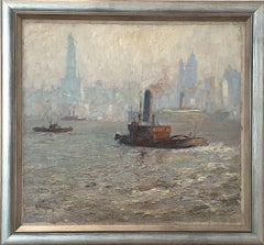 reinhard heinemann Oil on Board "New York Harbor" by Reinhard W. Heinemann