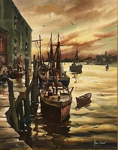 "Gloucester Harbor at Sunset, " John Hare, Cape Ann, New England Watercolor View
