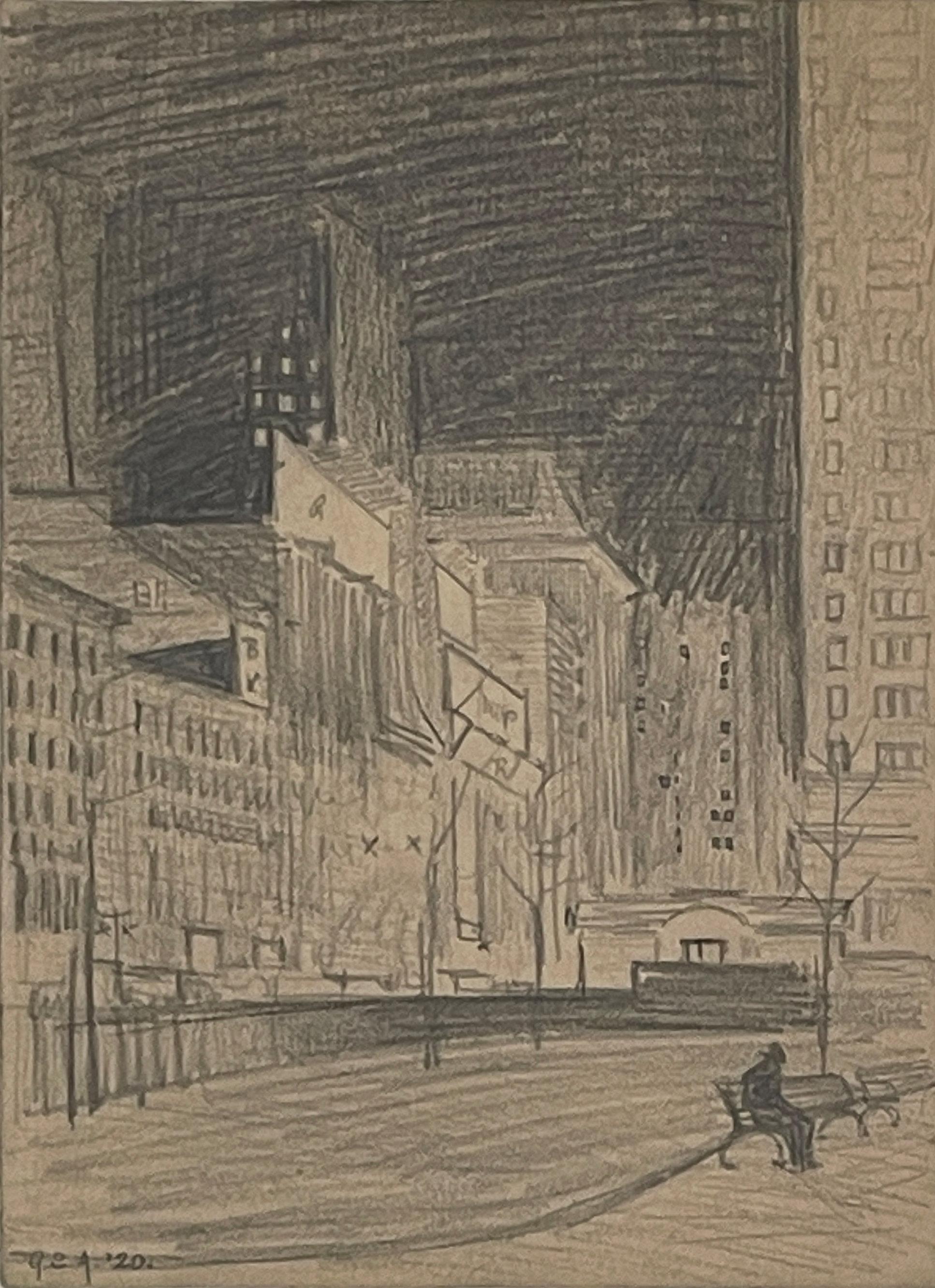 George Ault
La 42e rue depuis Bryant Park, 1920
Initiales et date en bas à gauche
Crayon sur papier
8 1/8 x 5 7/8 pouces

Exposé au Whitney Museum.

Peintre précisionniste et surréaliste, particulièrement remarqué pour ses nocturnes, George Ault