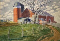 Vintage "The Red Silo" Winold Reiss, Rural Regionalist Landscape, Sunny Day on Farm
