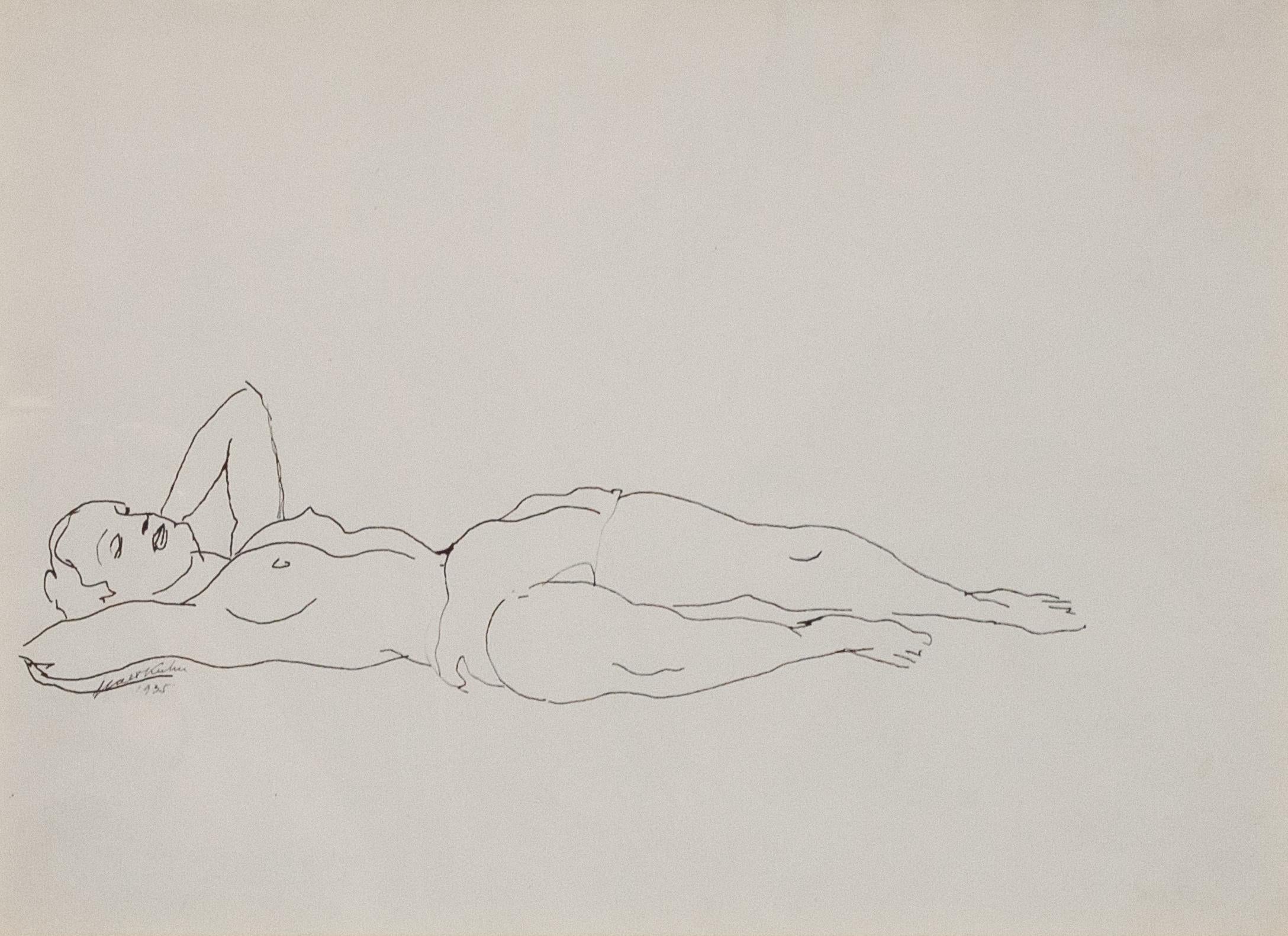 "Reclining Figure" Walt Kuhn, Figurative Nude Line Drawing, American Modernism