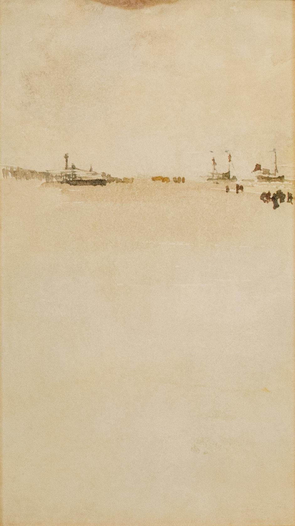 James Abbott McNeill Whistler
Beach Scene at Dieppe, 1885-86
Watercolor on paper, mounted on board
8 1/2 x 5 inches
Signed on the reverse 

Provenance:
Miss Annie Burr Jennings
Mrs. Walter James, New York
Parke-Bernet Galleries, March 21-22, 1947,
