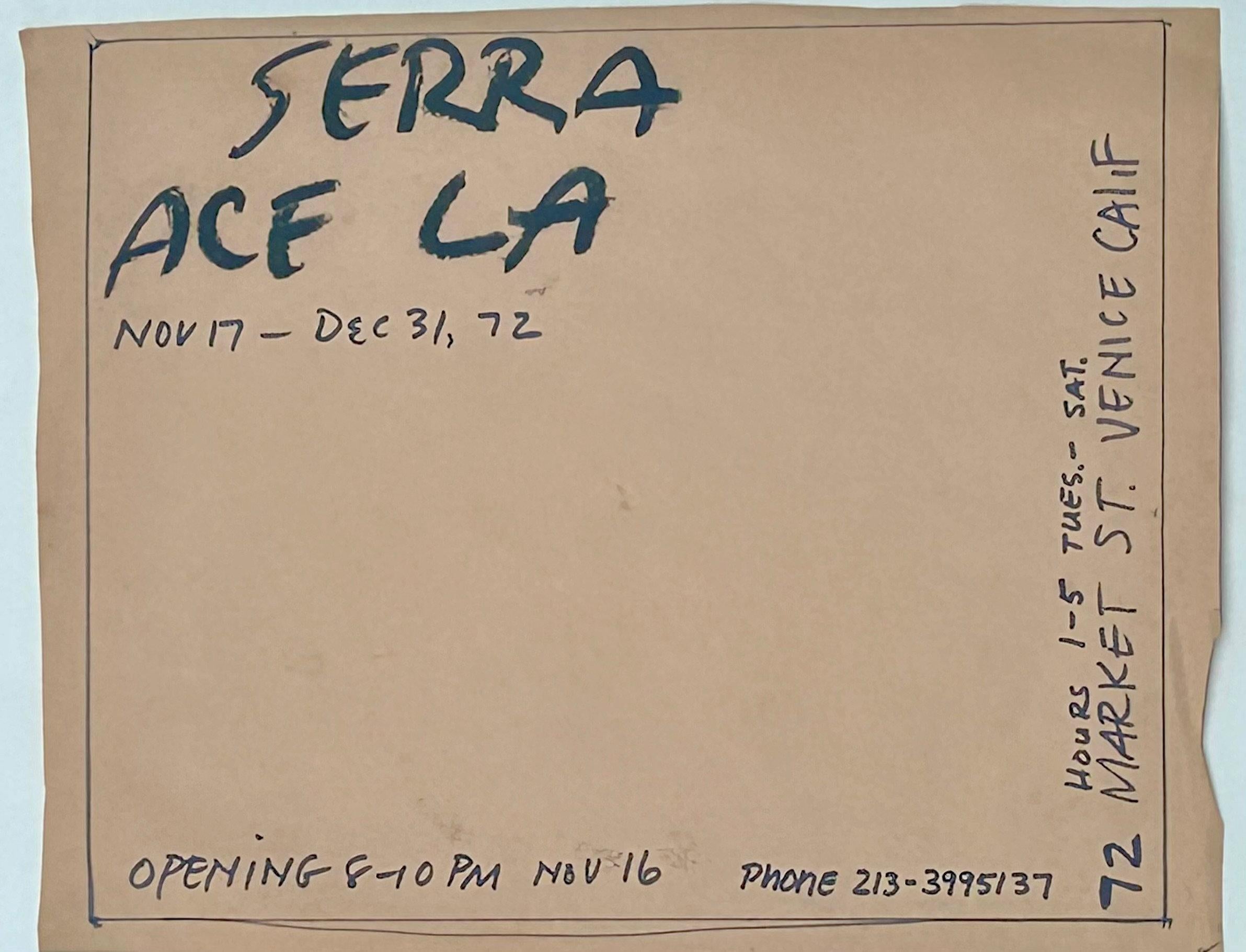 Richard Serra
Ace LA Exhibition Poster Drawing, 1972
Ink on paper
8 1/2 x 11 inches

Provenance:
The artist
Ace Gallery, Los Angeles

Known for large-scale steel sculpture of geometric designs, Richard Serra has created site-specific pieces that